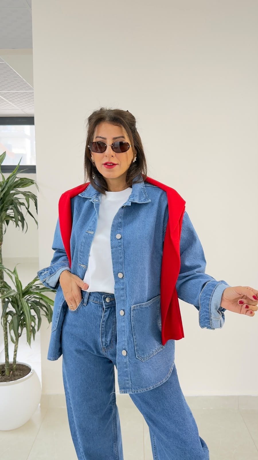 Ön Düğmeli Cepli Denim Ceket Mavi