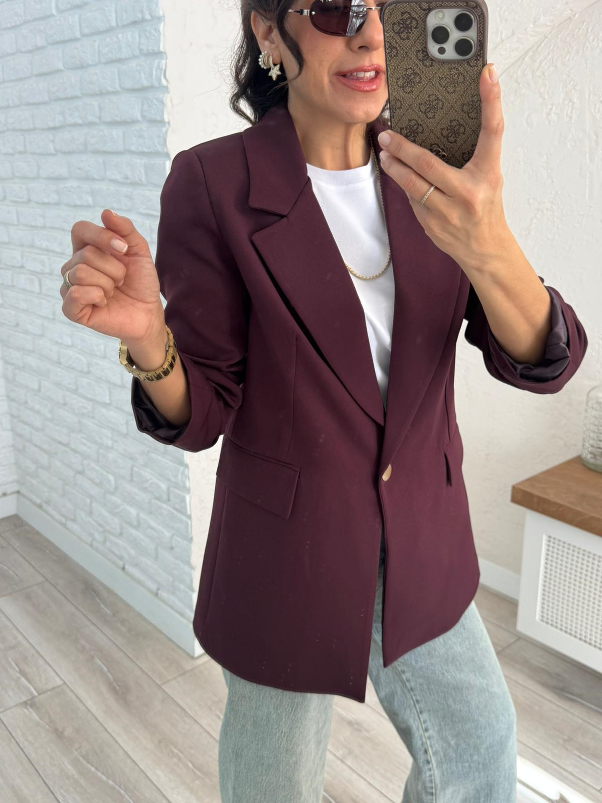 Ön Düğmeli Klasik Blazer Ceket  Bordo