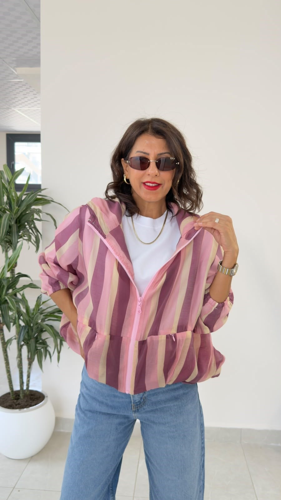 Ön Fermuarlı Kapüşonlu Bomber Yağmurluk Pembe-Bordo