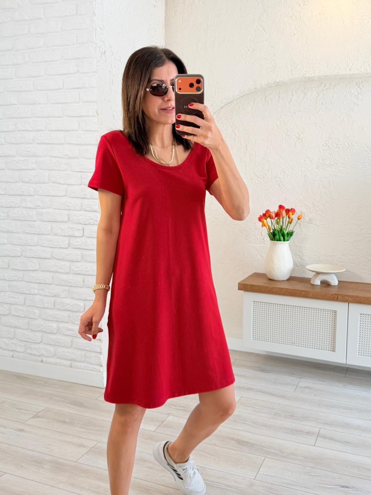 Ön U Arka V Yaka Modal Elbise Kırmızı