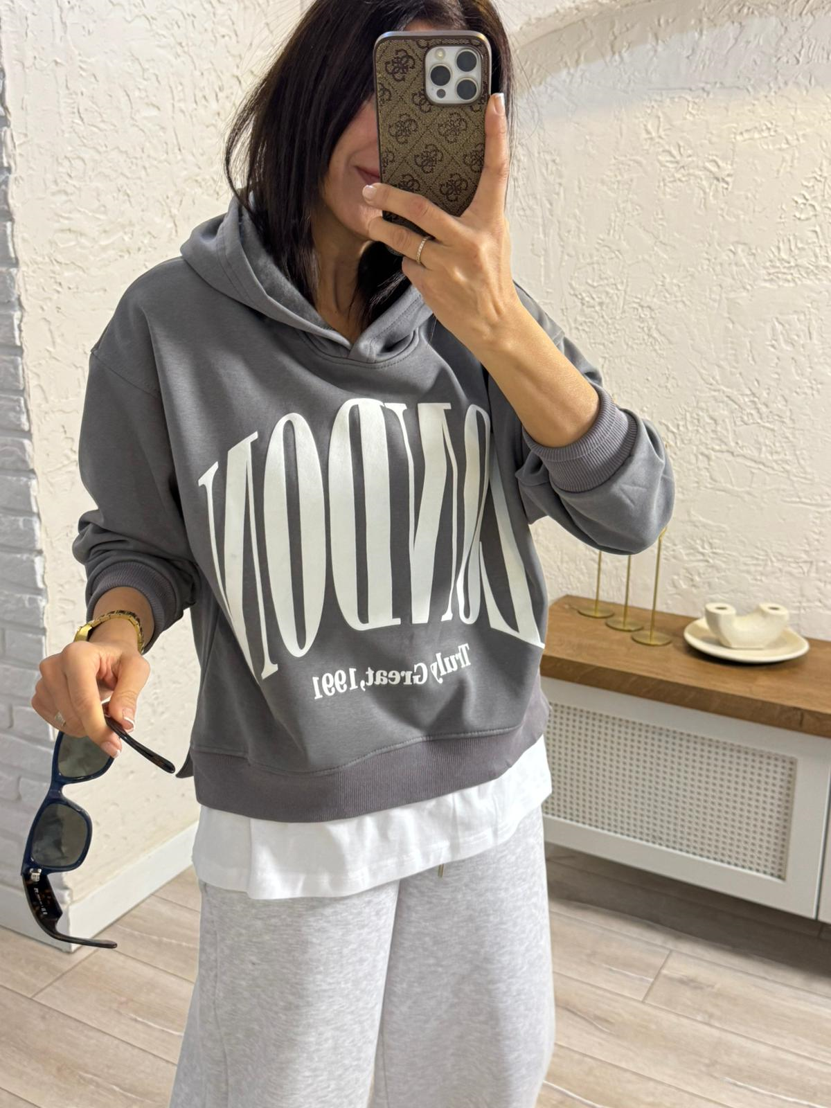 Ön Yazılı İç Şardonlu Kapüşonlu Tişört Detaylı Sweat Füme