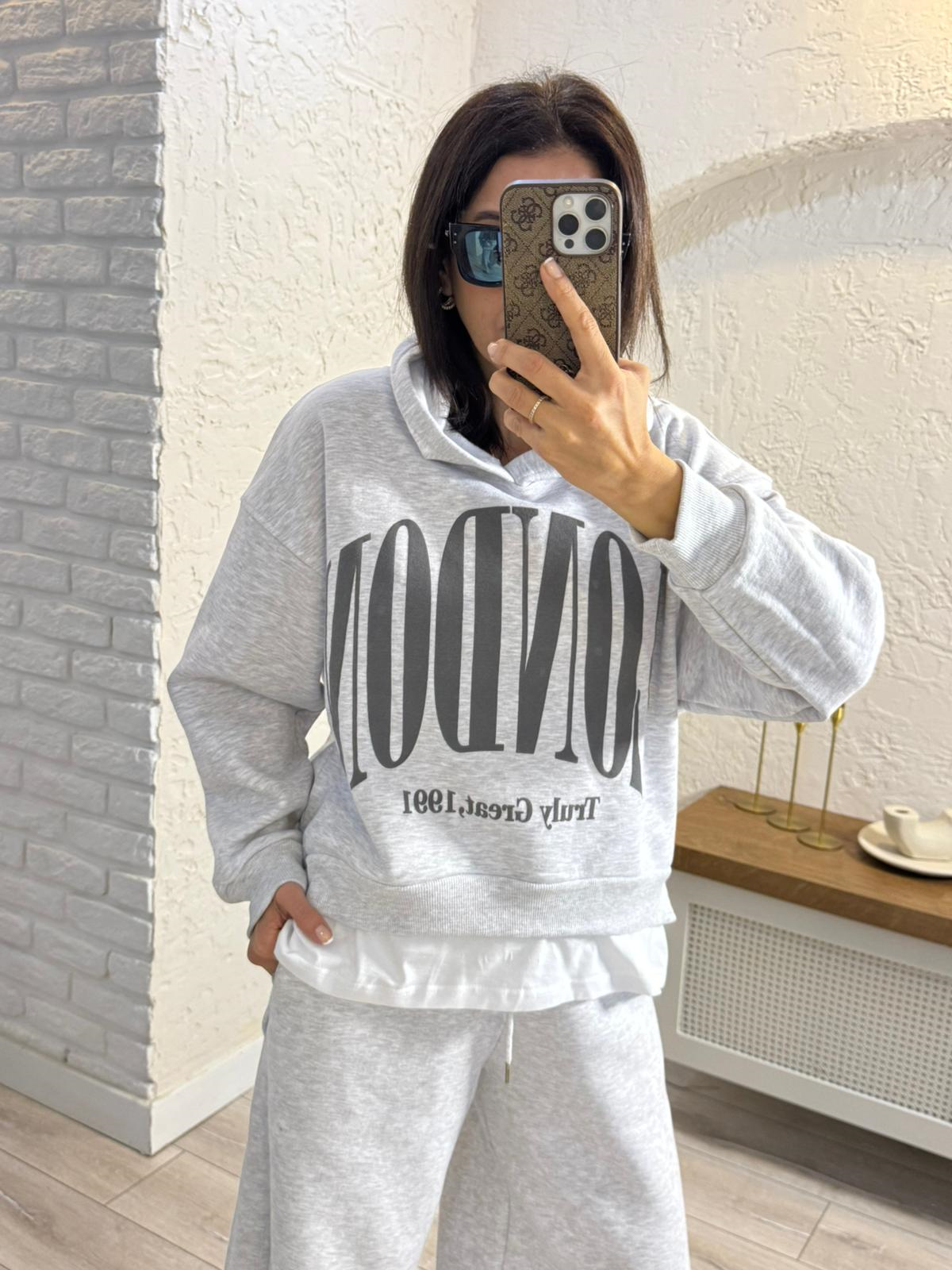 Ön Yazılı İç Şardonlu Kapüşonlu Tişört Detaylı Sweat Gri