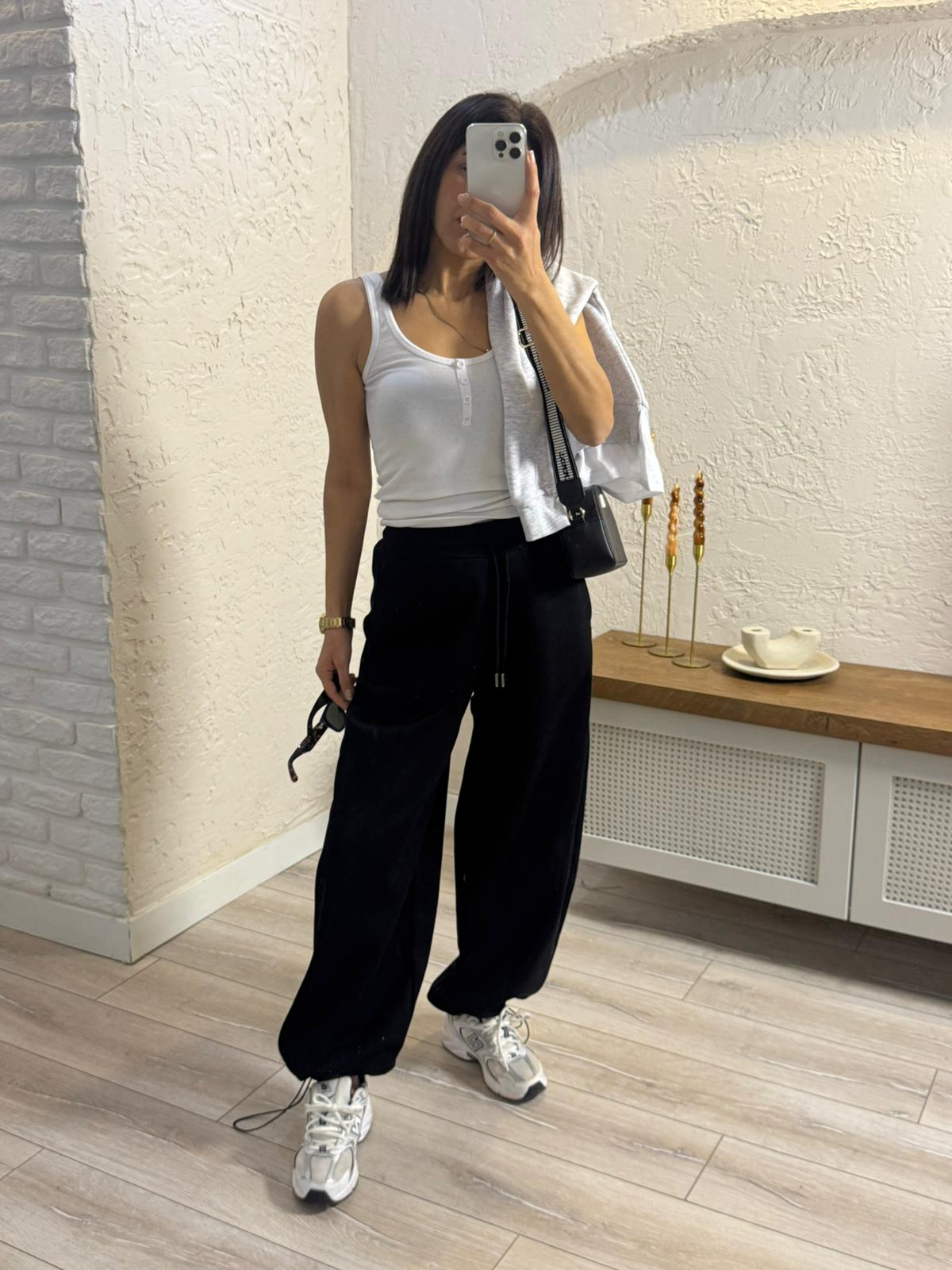 Paça Ayarlanabilir Baggy Üç İplik Şardonlu Eşofman Altı Siyah