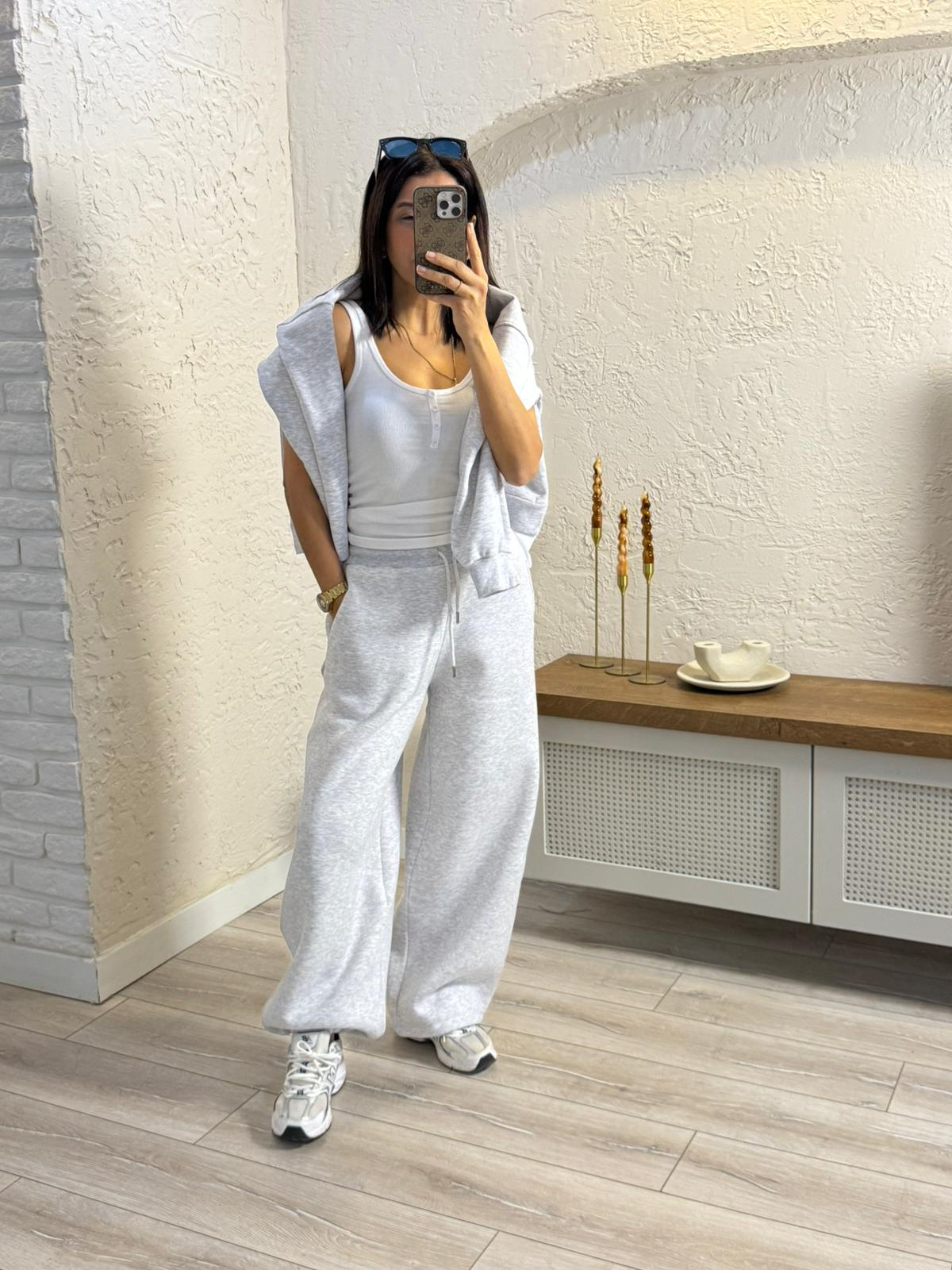 Paça Ayarlanabilir Baggy Üç İplik Şardonlu Eşofman Altı Gri