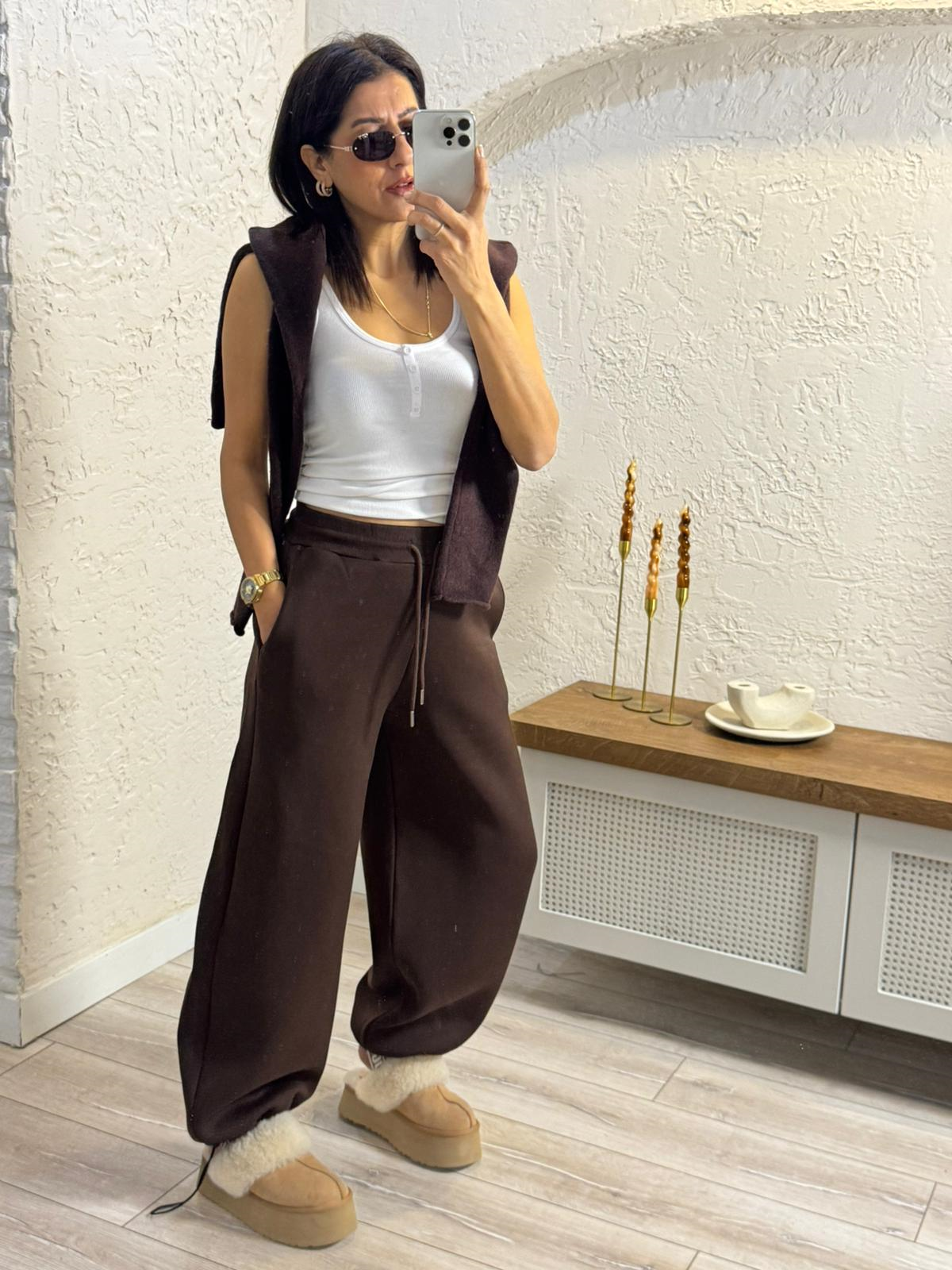 Paça Ayarlanabilir Baggy Üç İplik Şardonlu Eşofman Altı Kahve