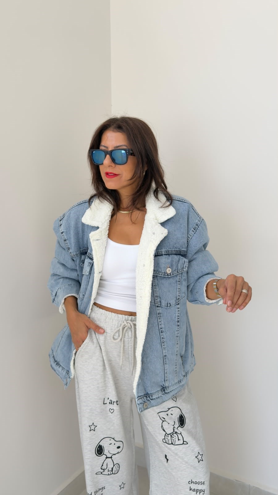 Peluşlu Boyfriend Kot Ceket Açık Kar Yıkama
