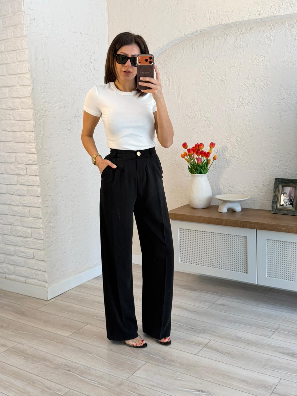 Pileli Palozzo Pantolon Siyah 