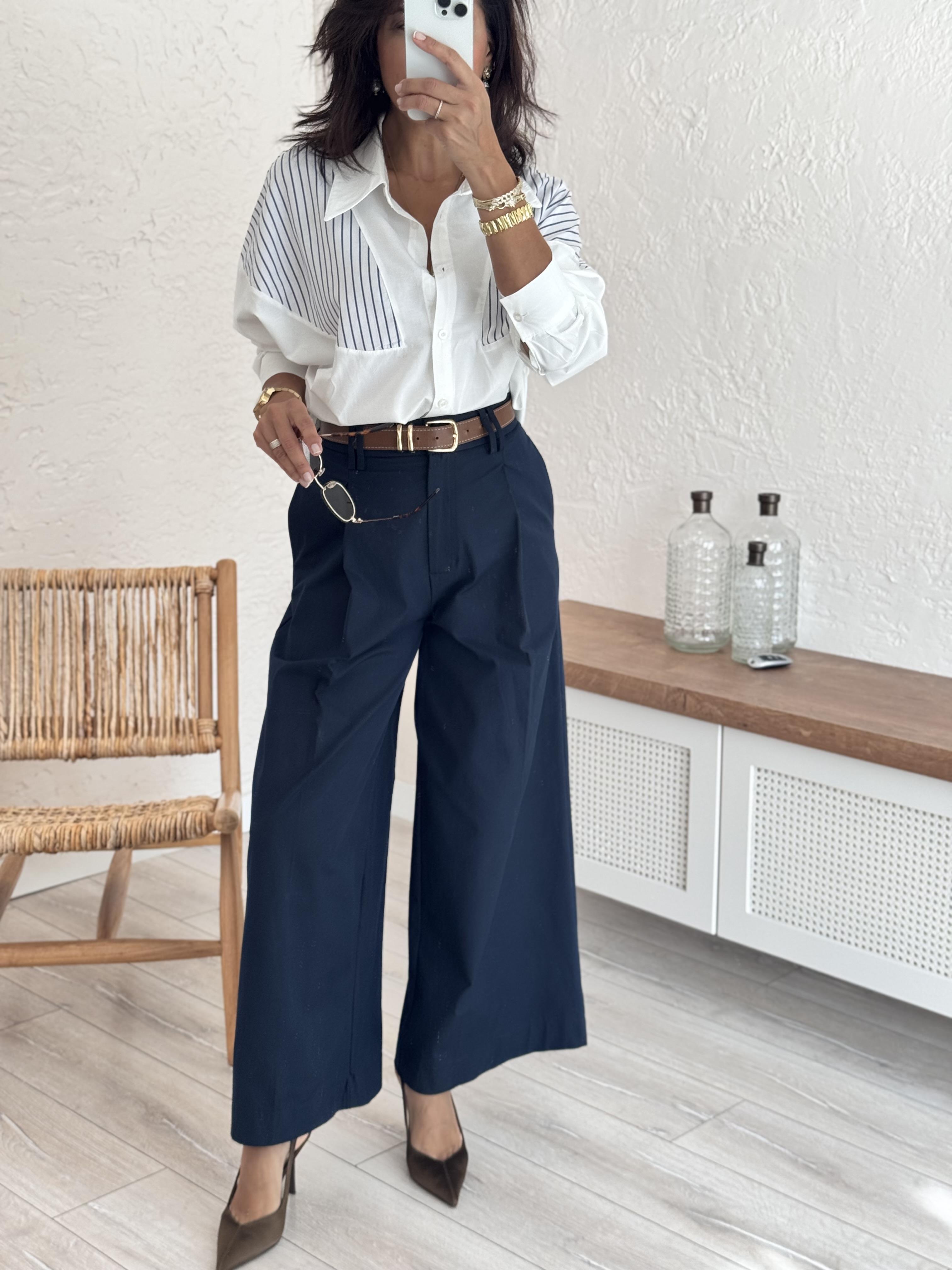 Pilili Geniş Paça Pantolon Lacivert