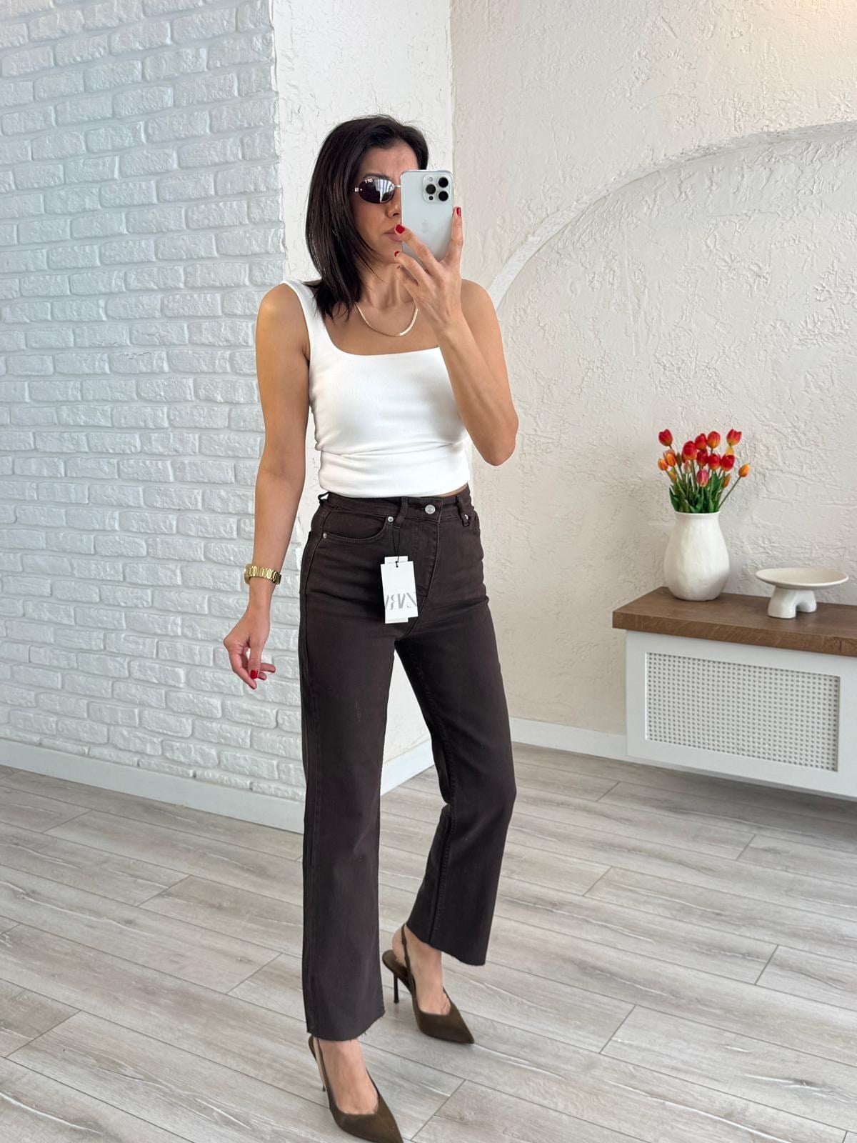Premium Kalite Yüksek Bel Boyfit Jean Kahverengi