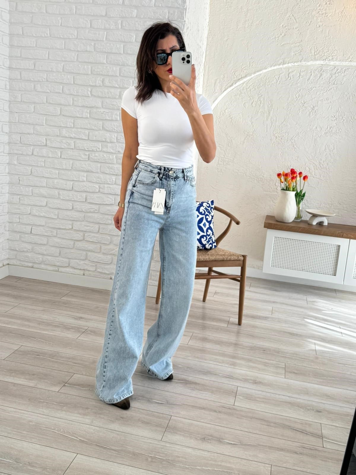 Premium Kalite Yüksek Bel Geniş Paça Jean Buz Mavi