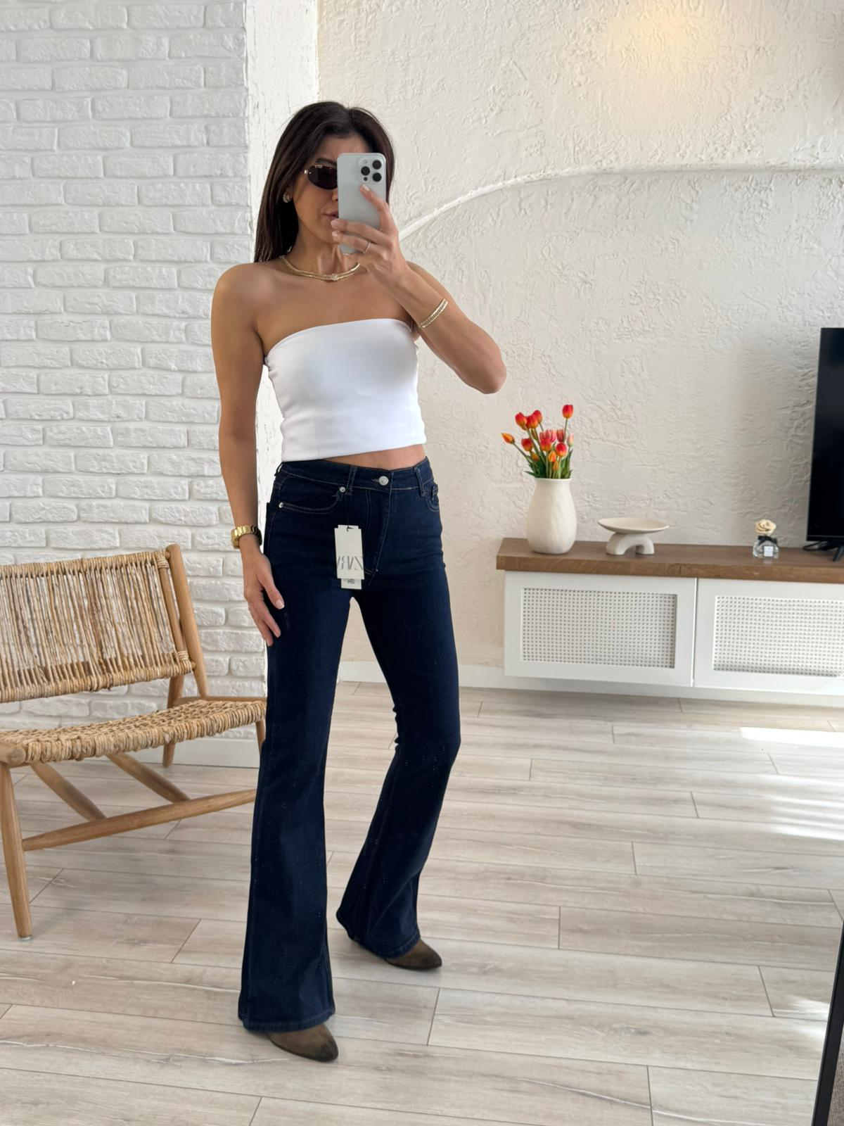 Premium Kalite Yüksek Bel İspanyol Paça Jean Koyu Mavi