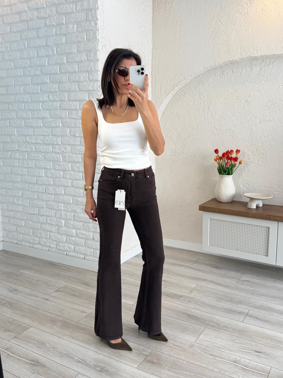 Premium Kalite Yüksek Bel İspanyol Paça Jean  Kahverengi