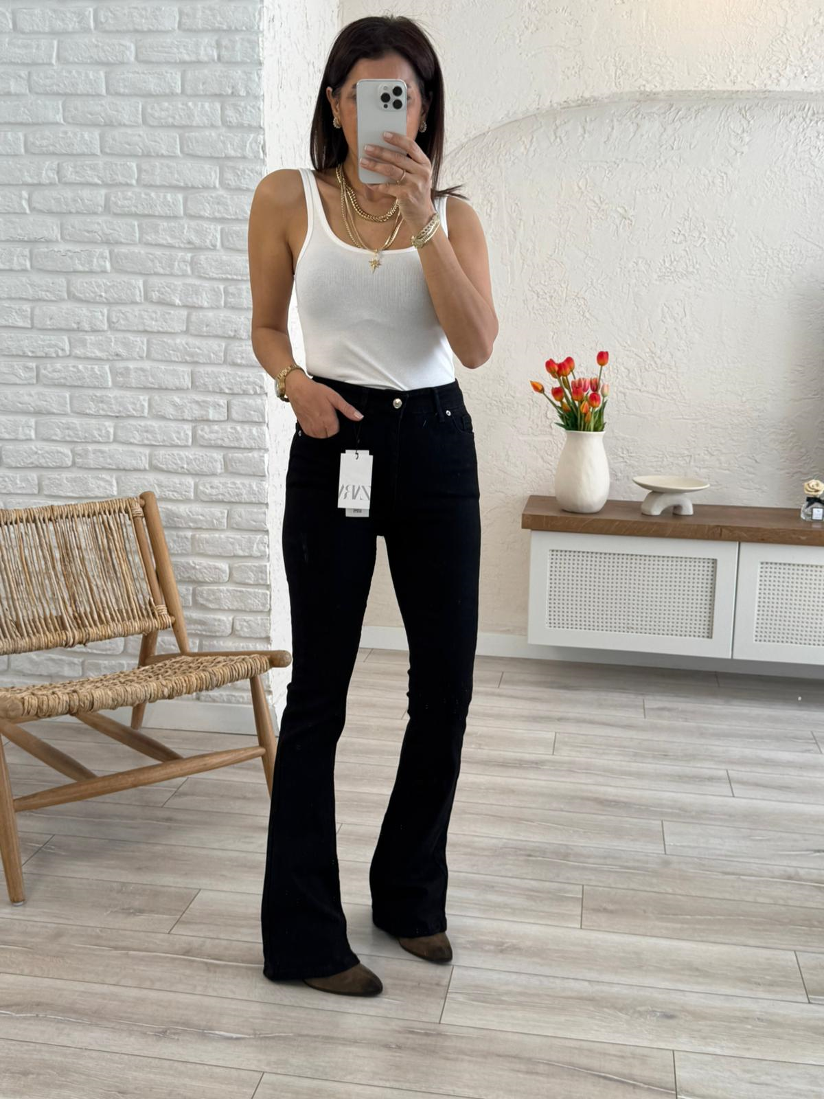 Premium Kalite Yüksek Bel İspanyol Paça Jean Siyah