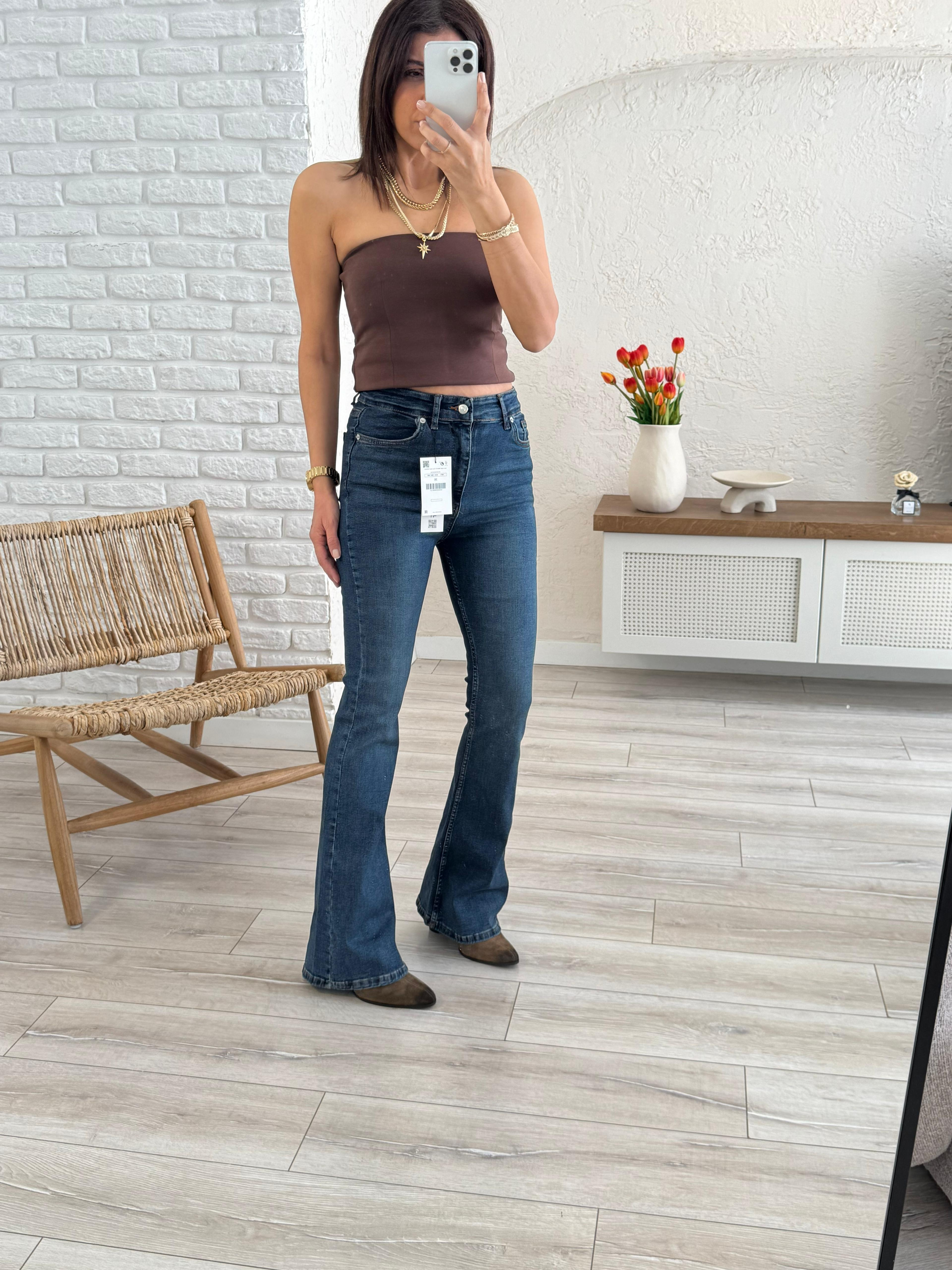 Premium Kalite Yüksek Bel İspanyol Paça Jean Tint Mavi