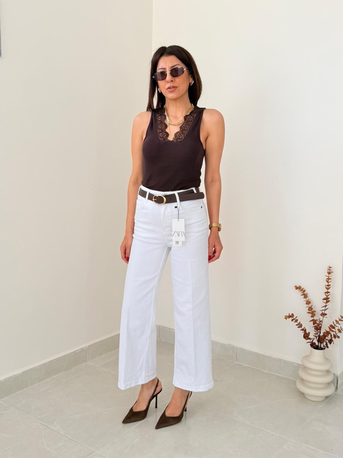 Premium Kalite Yüksek Bel Kemerli Wide Leg Jean Beyaz