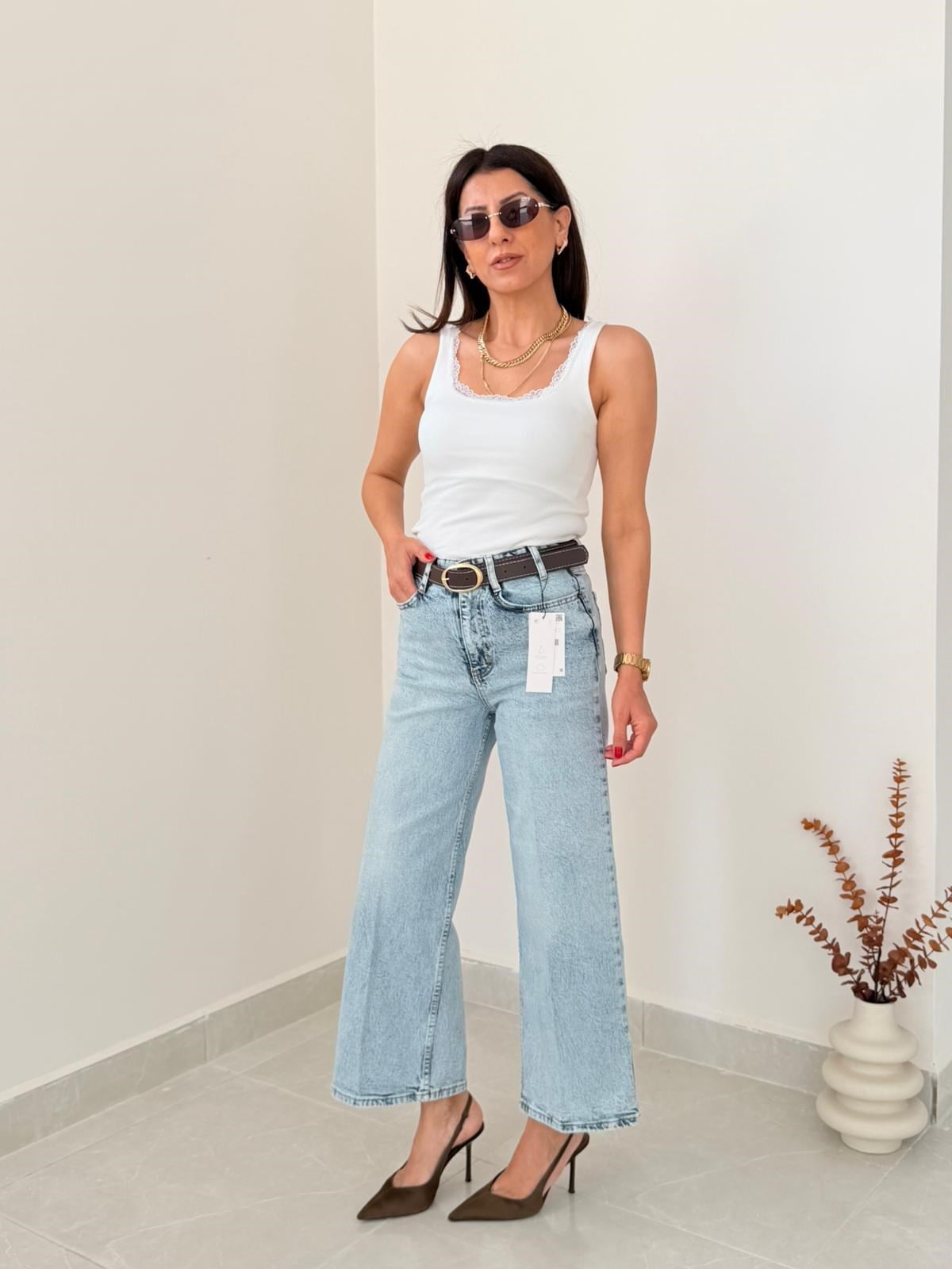 Premium Kalite Yüksek Bel Kemerli Wide Leg Jean Buz Mavi
