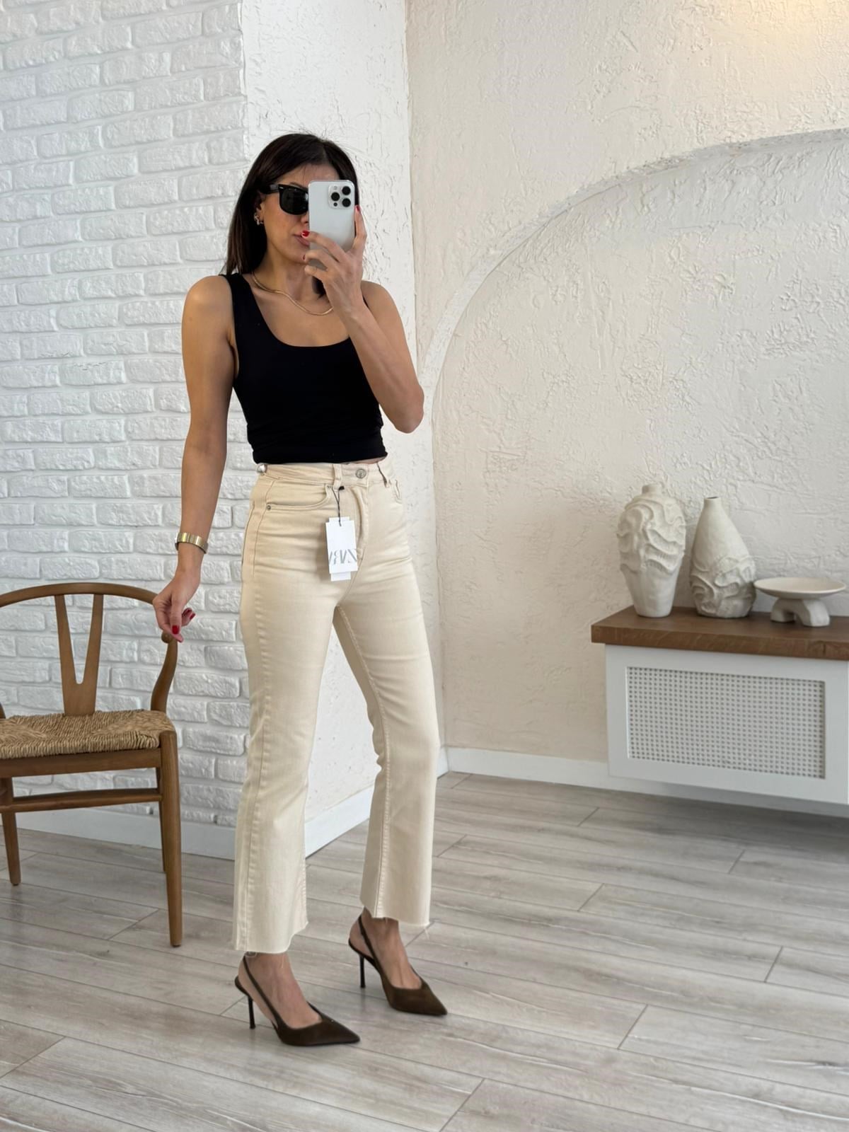 Premium Kalite Yüksek Bel Kesik Paça Bilek Boy İspanyol Bej