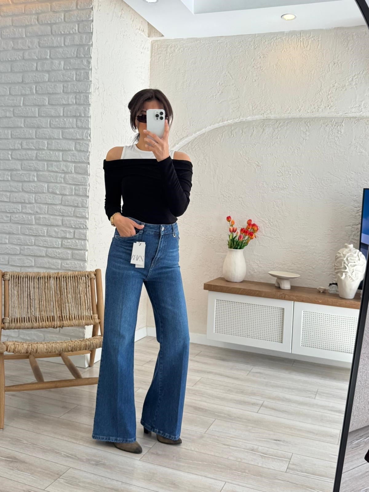 Premium Kalite Yüksek Bel Önden Ütülü Geniş Paça Jean Mavi