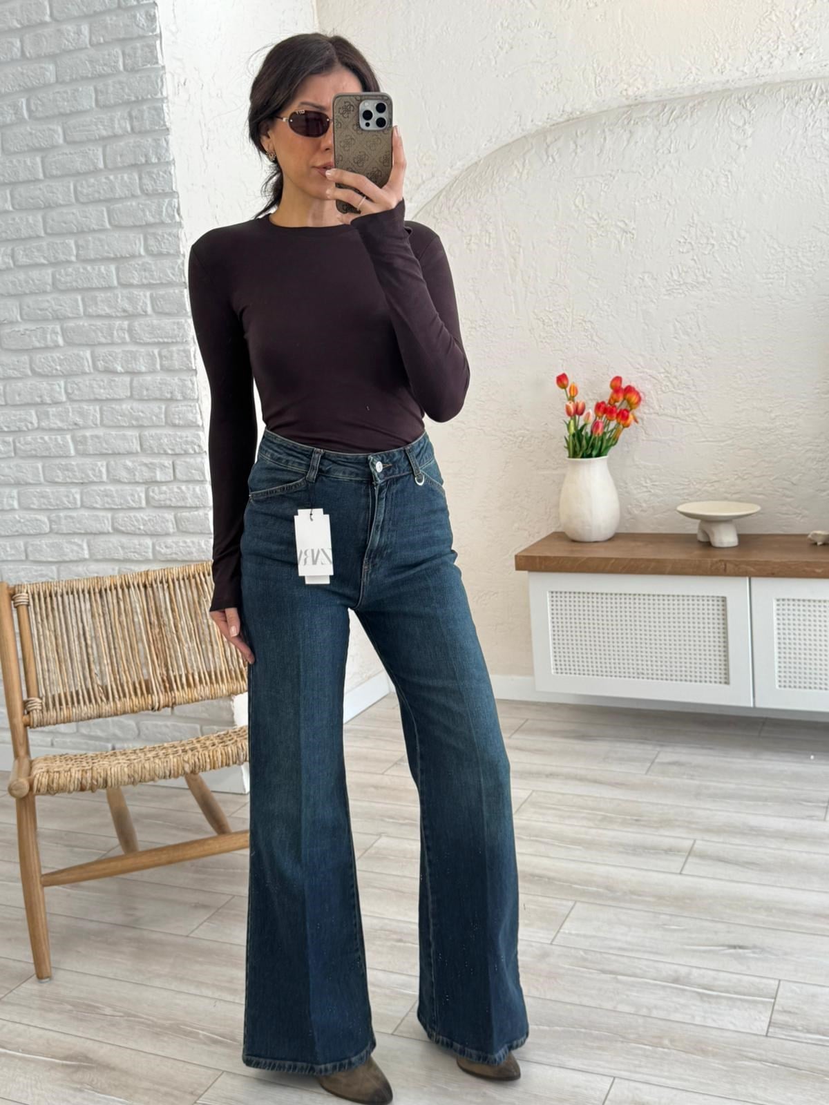 Premium Kalite Yüksek Bel Önden Ütülü Geniş Paça Jean Tint