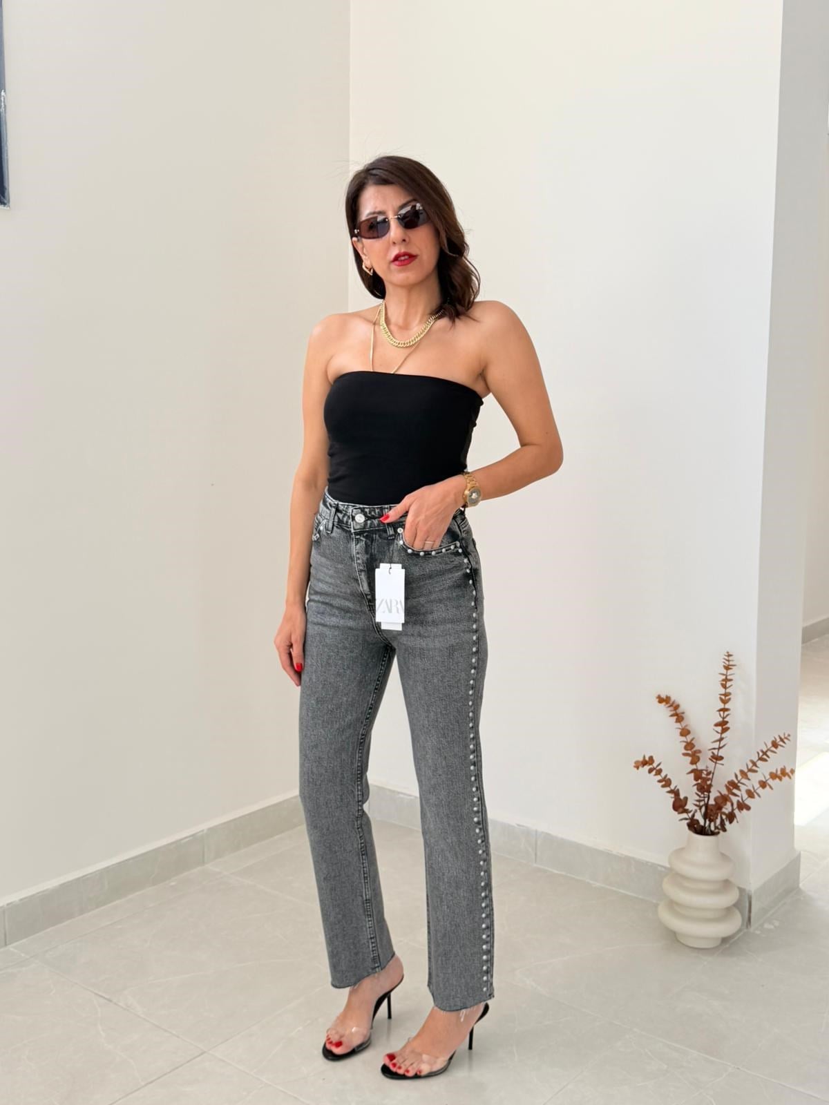 Premium Kalite Yüksek Bel Zımbalı Boyfit Jean Koyu Gri