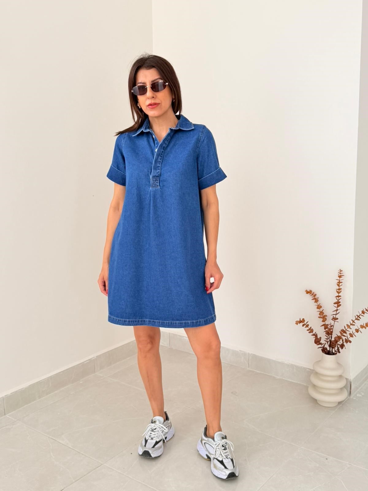 Premium Seri Polo Yaka Kısa Denim Elbise