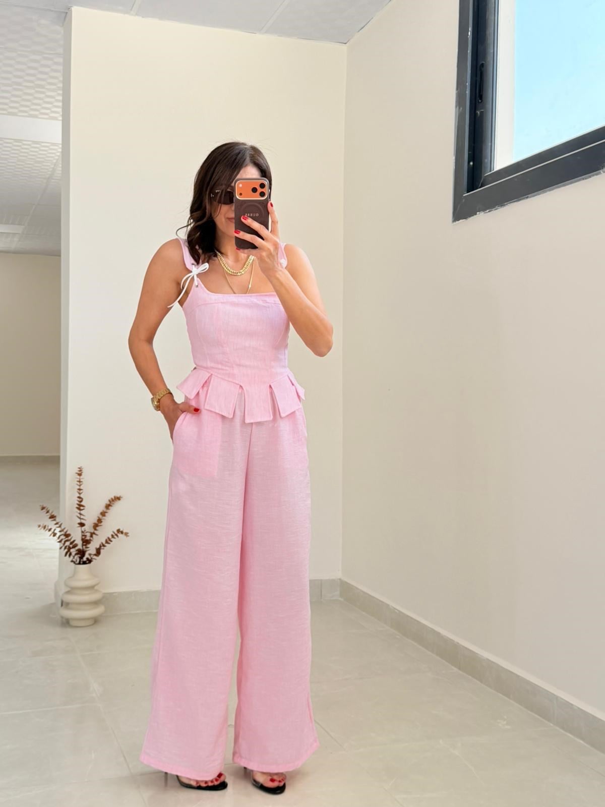 Premium Seri Tasarım Korse Bluz Pantolon Takım Pembe