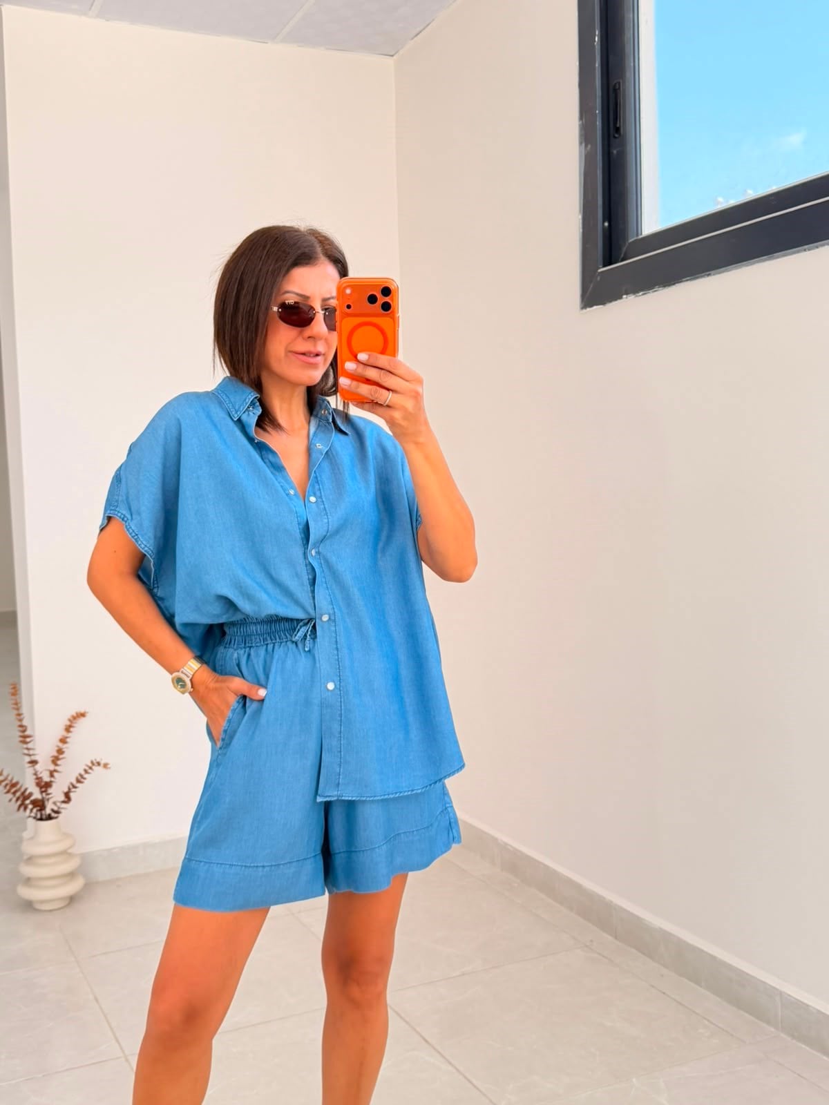 Premium Seri Tensel Jean Şort Gömlek Takım Açık Mavi