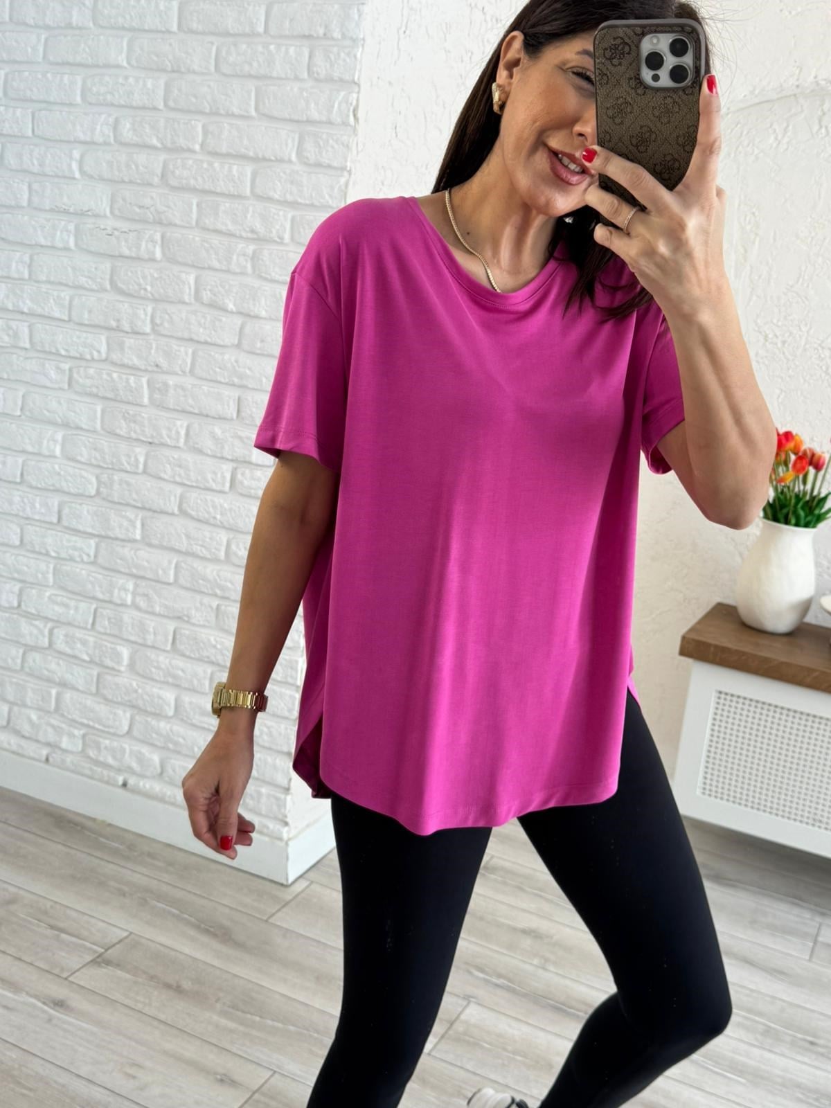 Sırt Pile Detaylı Basic Tişört Fuşya
