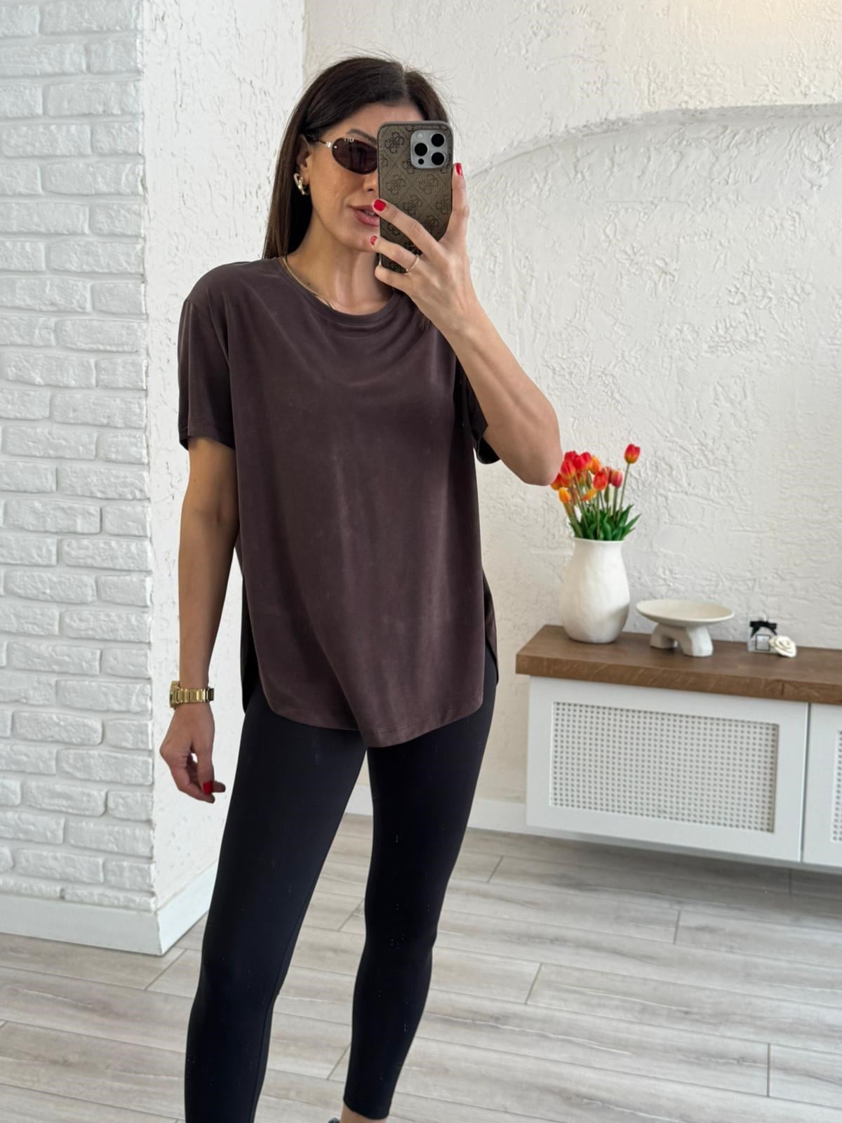 Sırt Pile Detaylı Basic Tişört  Kahve