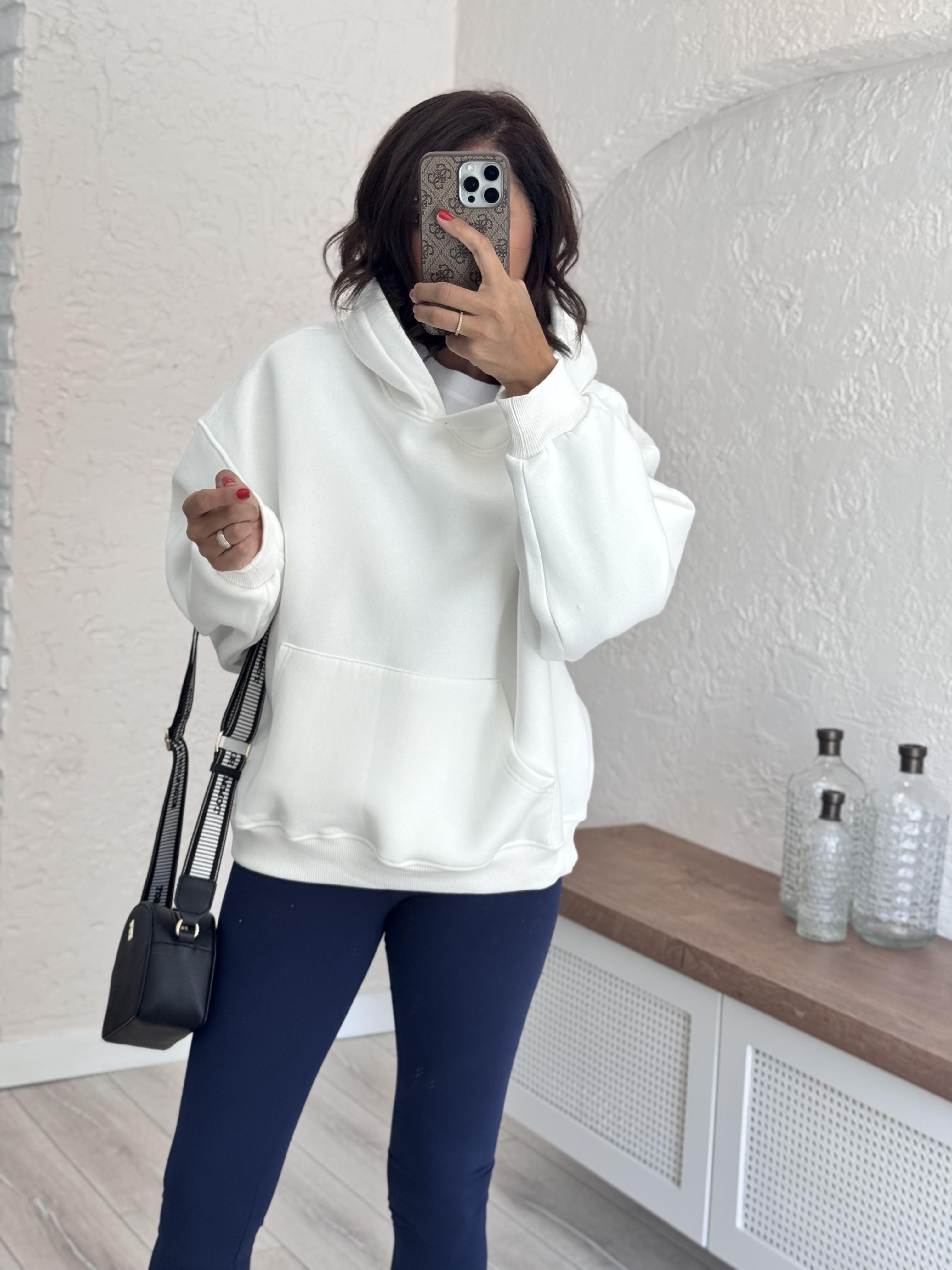 Sırtı Nakışlı Kapüşonlu Sweat Beyaz