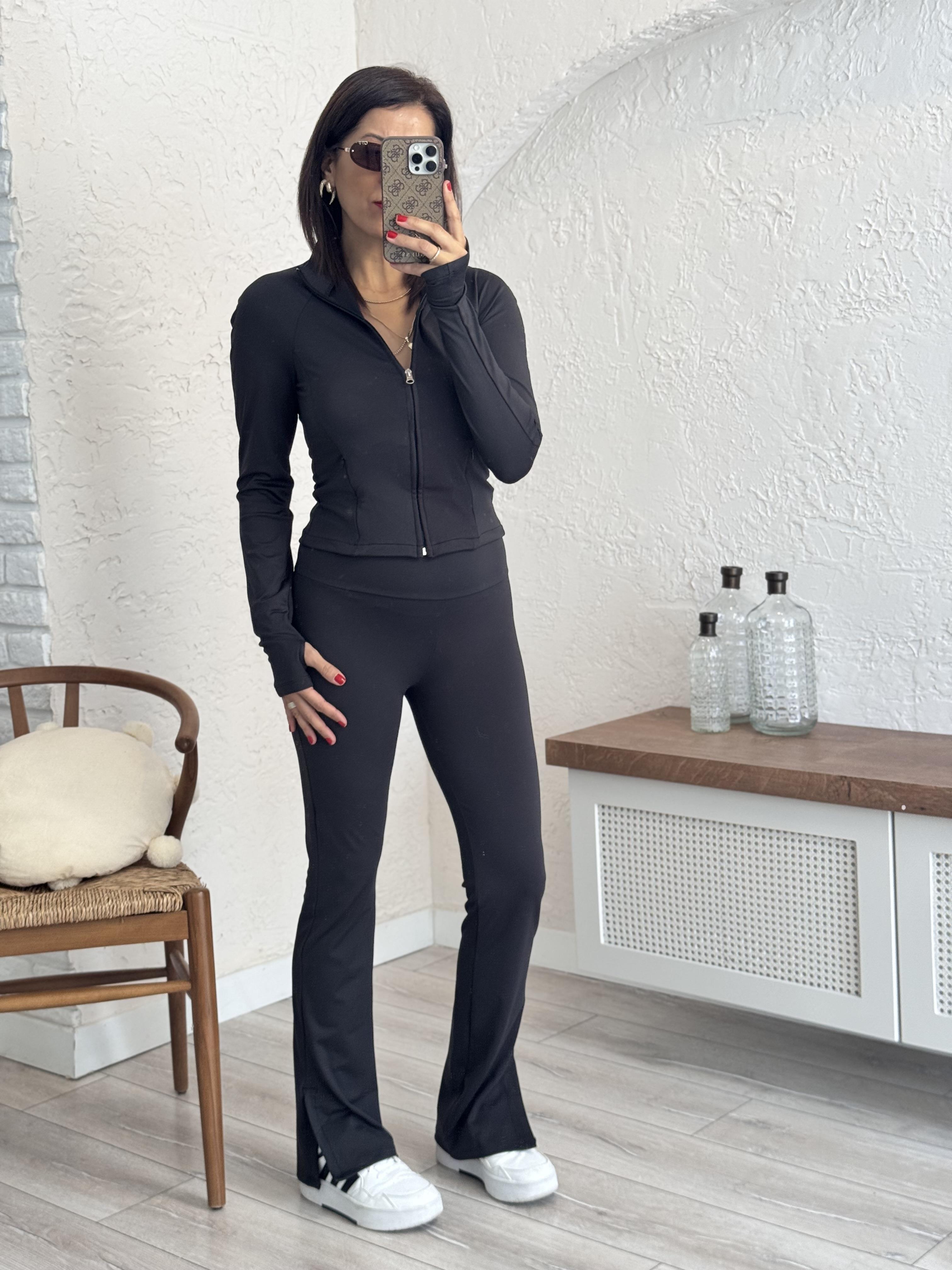 Soft Touch Lüx Kalite Oysh Model Yırtmaçlı Tayt Takım Siyah