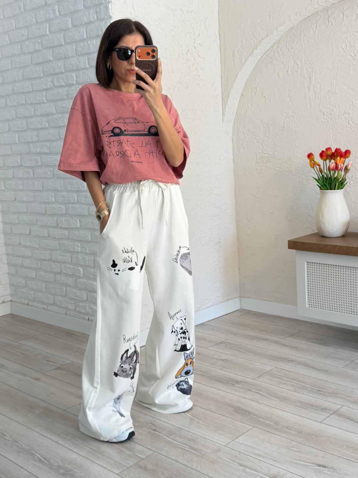 Tasarım Baskılı Pantolon (Beyaz)