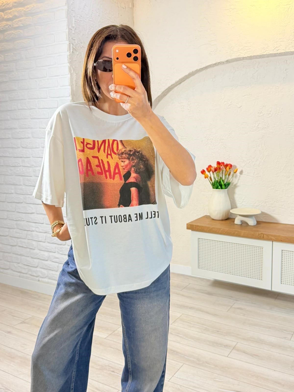 Tell Me About Baskılı Oversıze Tişört Ekru