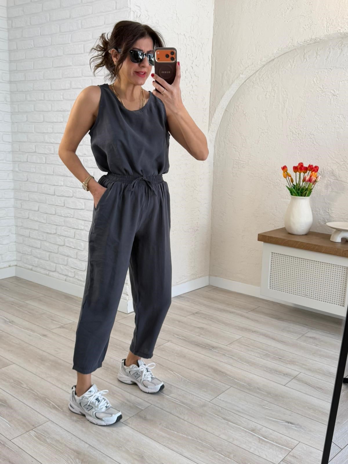 Tensel Kumaş Şalvar Pantolonlu Takım Antrasit Gri