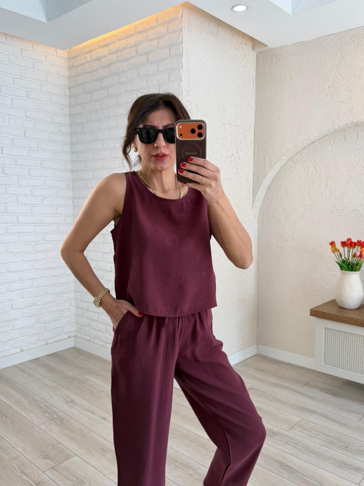 Tensel Kumaş Şalvar Pantolonlu Takım Bordo 