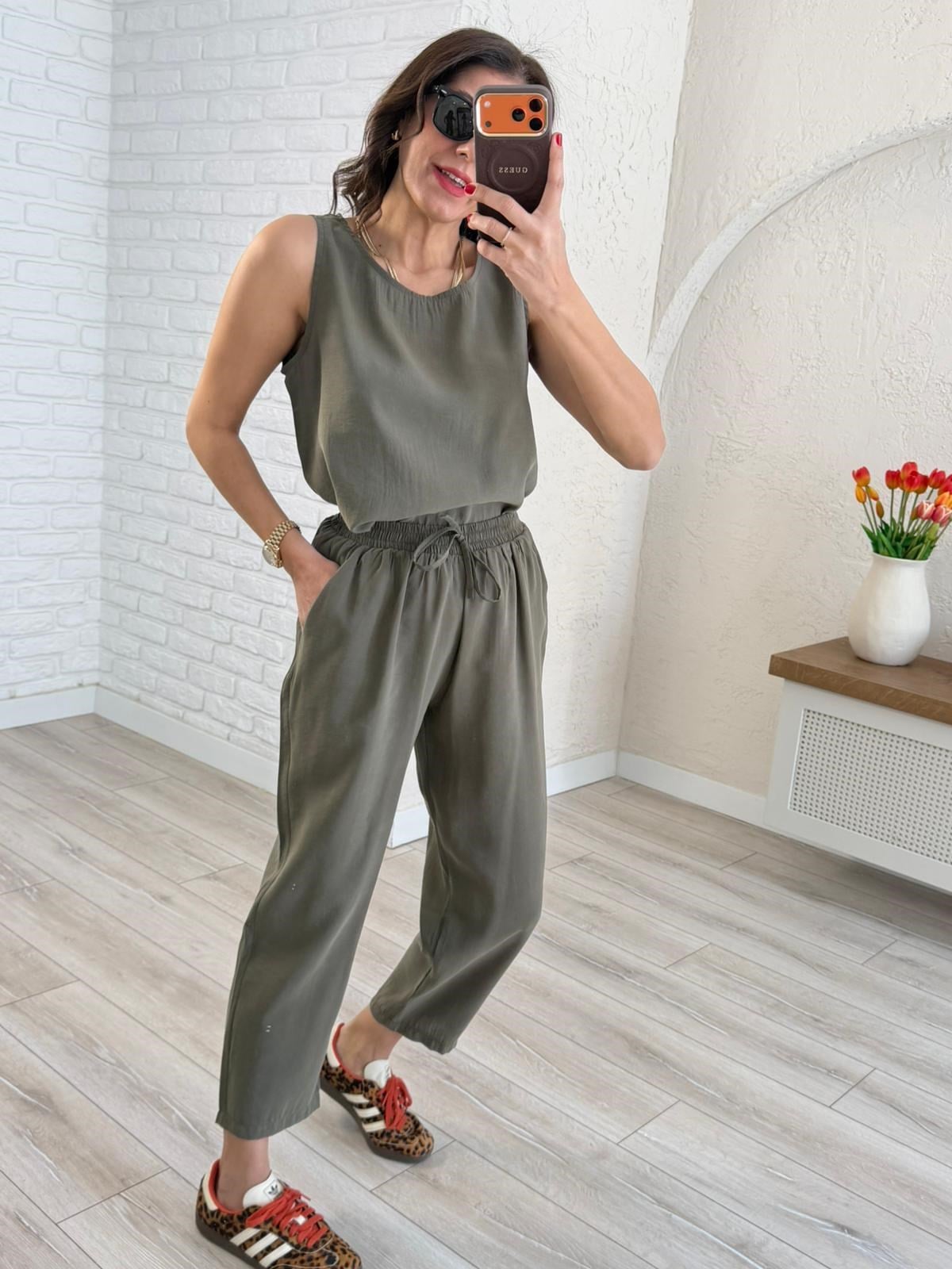 Tensel Kumaş Şalvar Pantolonlu Takım Haki 