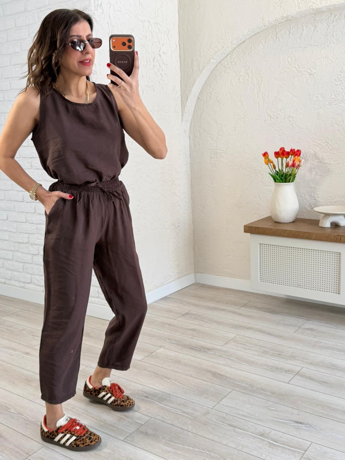 Tensel Kumaş Şalvar Pantolonlu Takım Kahve