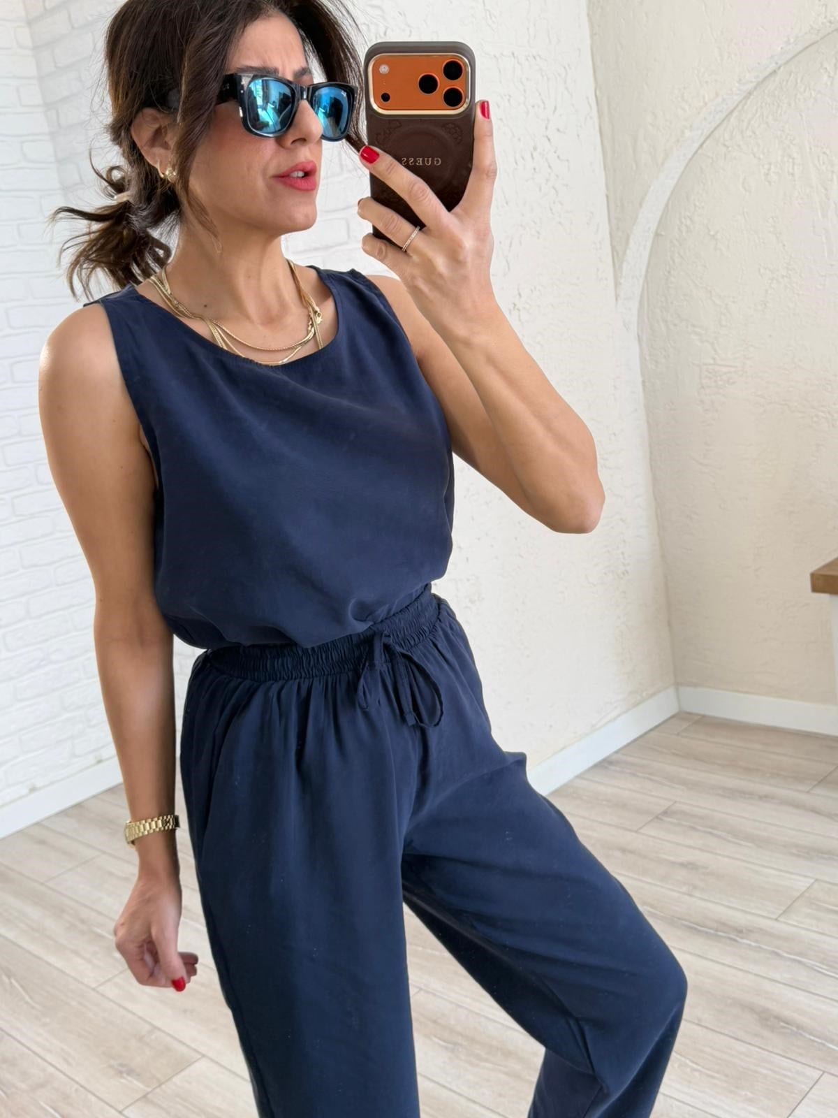 Tensel Kumaş Şalvar Pantolonlu Takım Lacivert