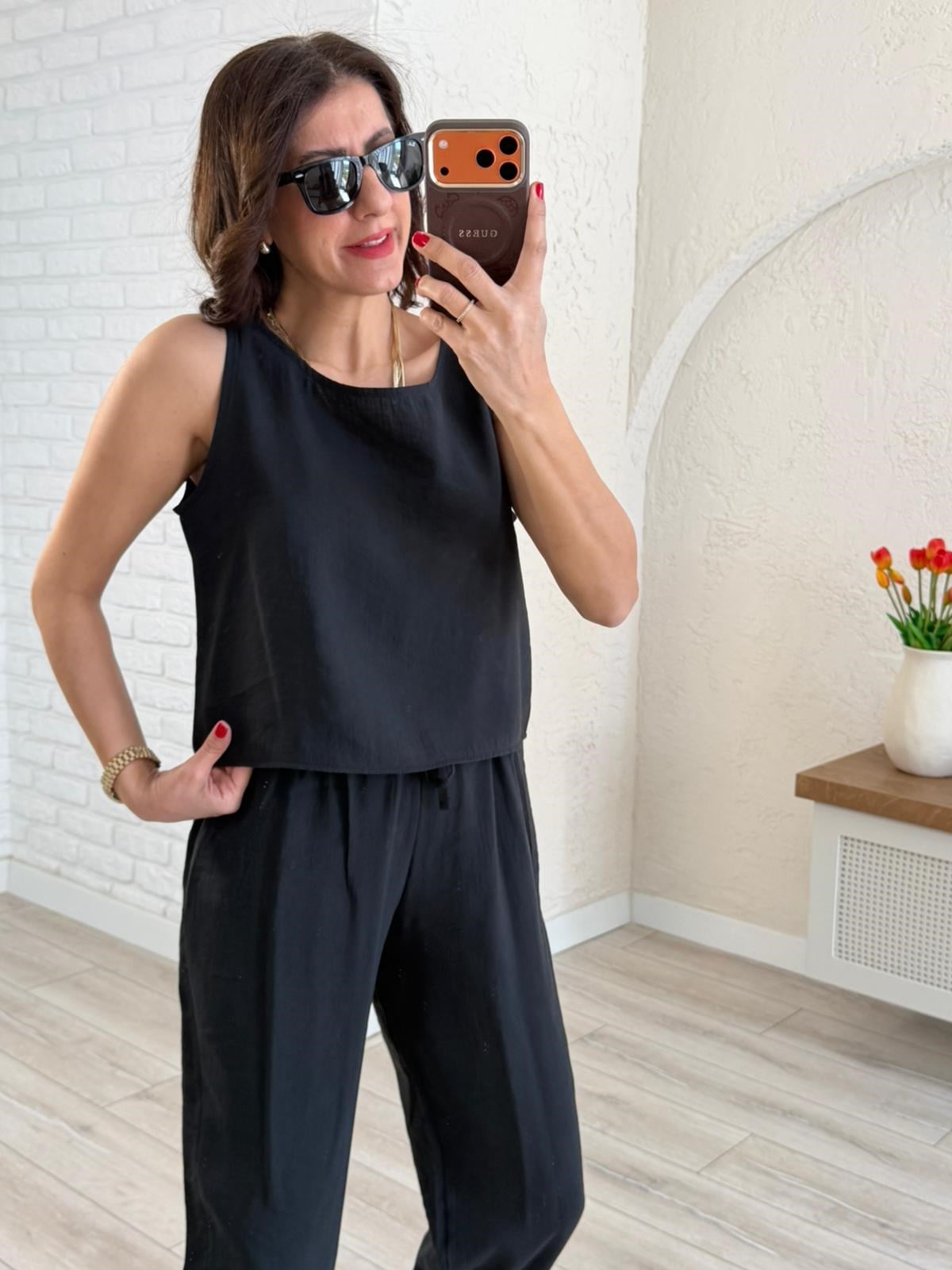 Tensel Kumaş Şalvar Pantolonlu Takım Siyah