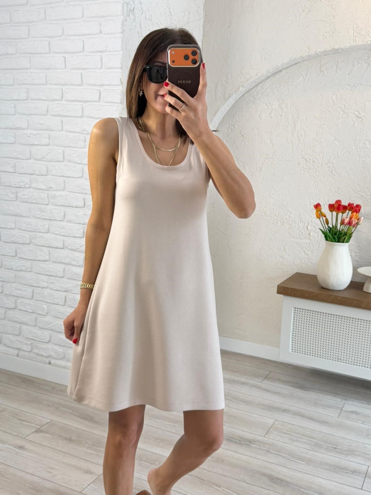 U Yaka Kalın Askılı Modal Elbise Bej 