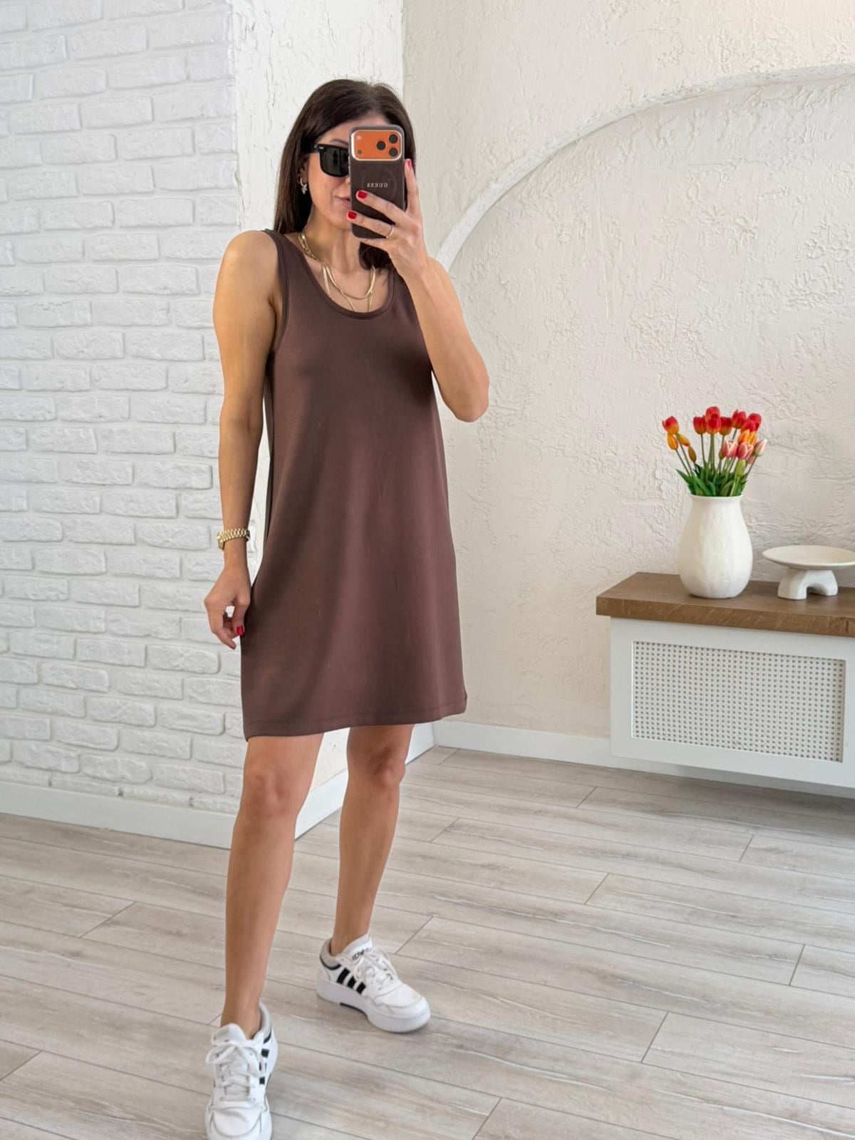 U yaka Kalın Askılı Modal Elbise Kahverengi 