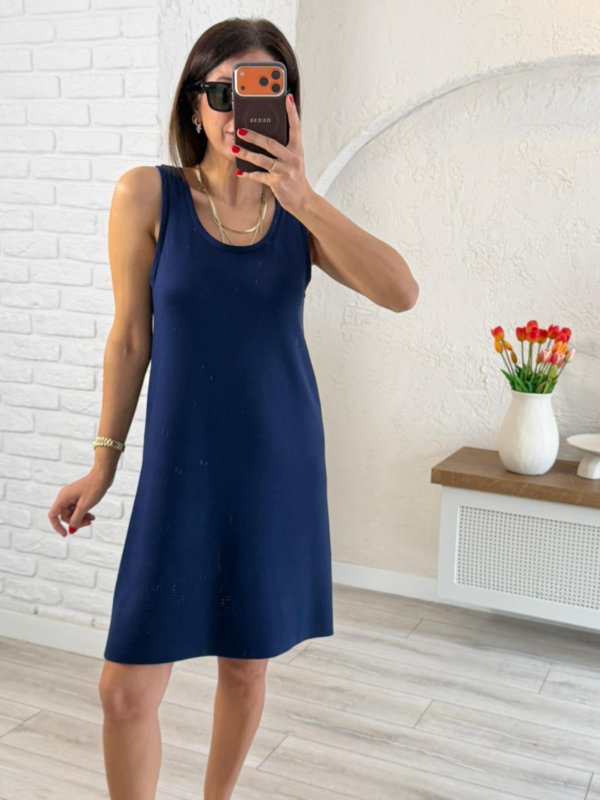 U Yaka Kalın Askılı Modal Elbise Lacivert 
