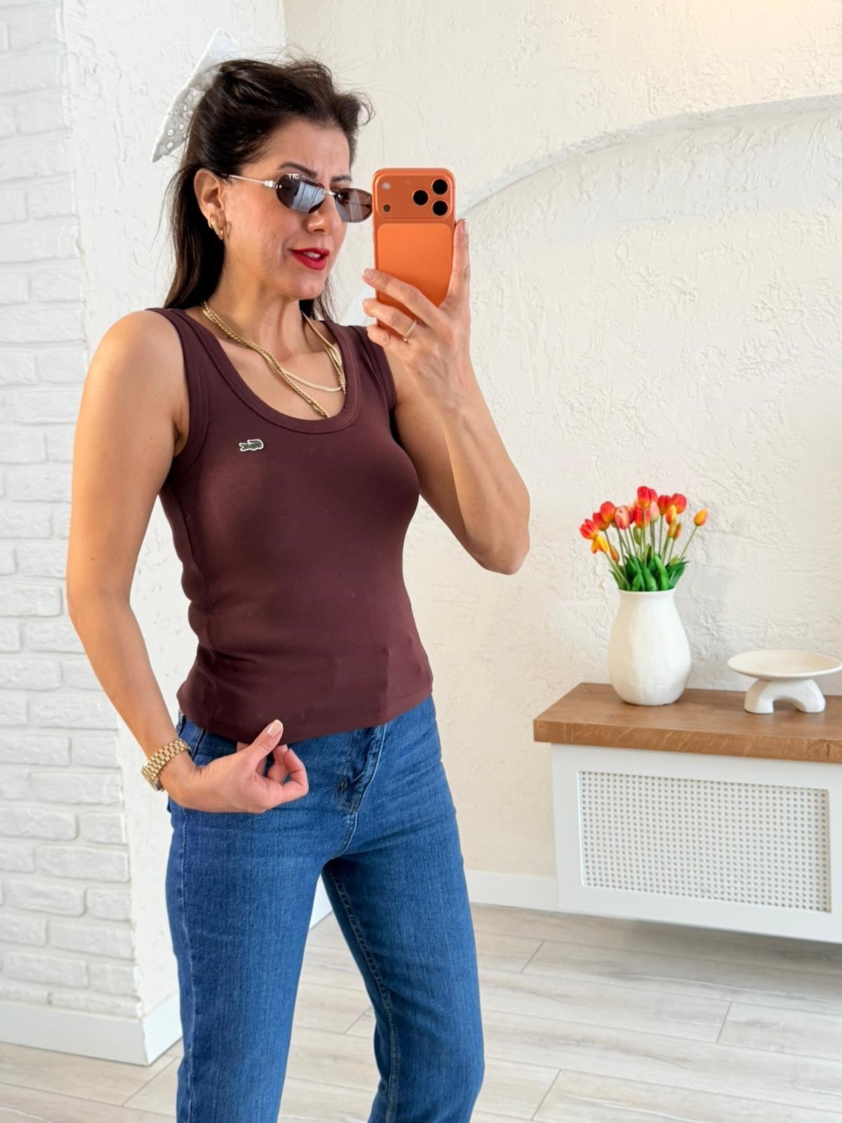 U Yaka Nakışlı Kalın Askılı Atlet  Kahve