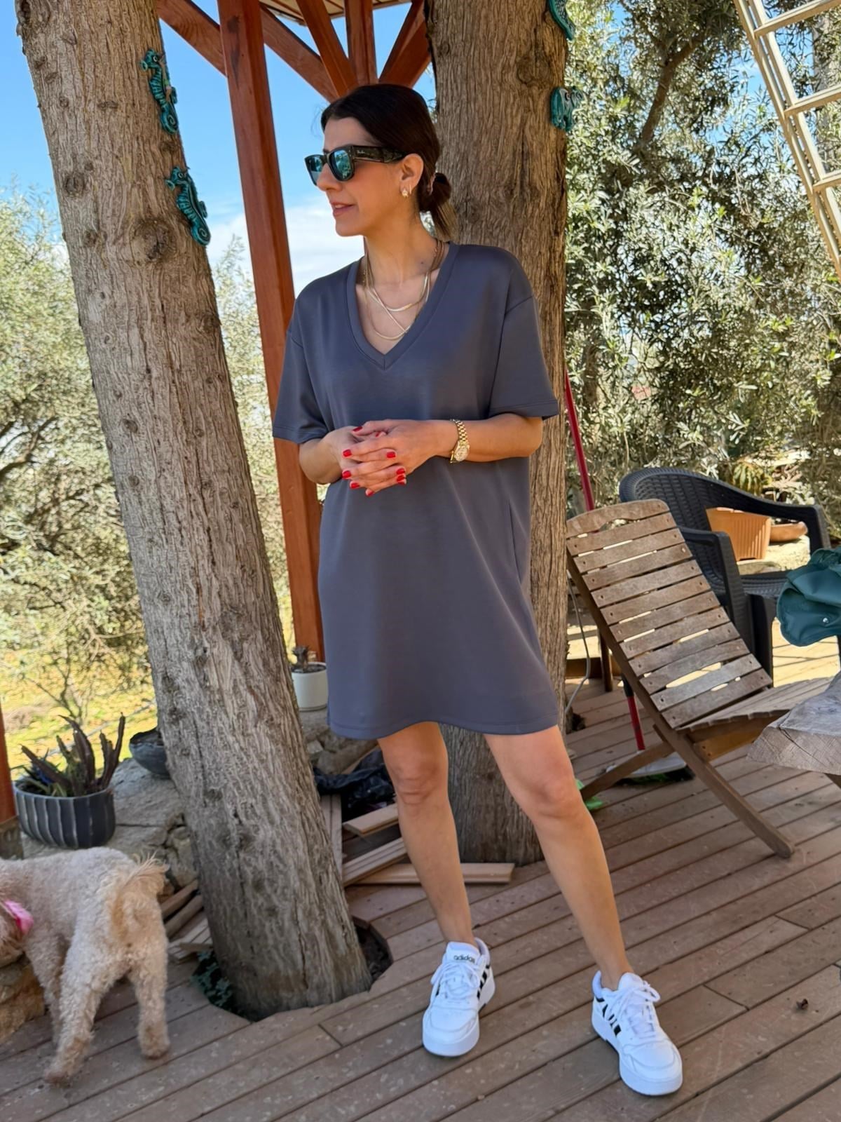 V yaka Modal Kumaş Dökümlü Elbise Antrasit