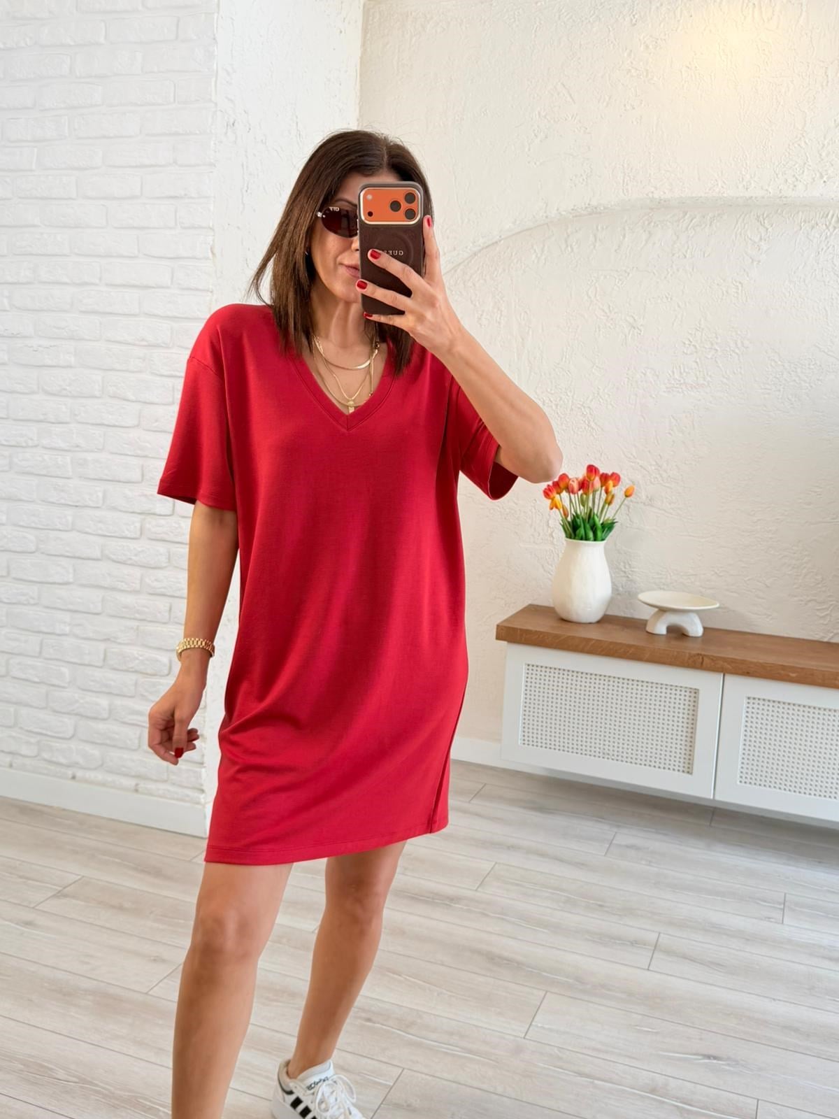 V Yaka Modal Kumaş Dökümlü Elbise Kırmızı