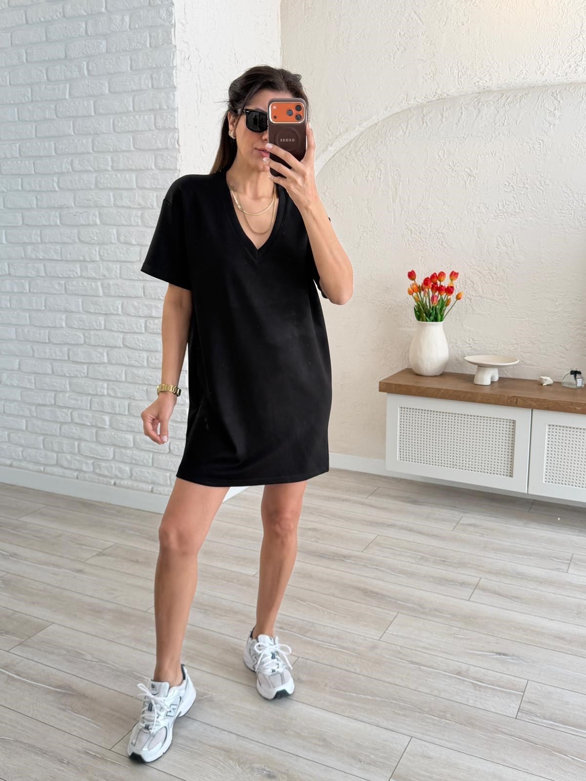 V yaka Modal Kumaş  Dökümlü  Elbise Siyah 