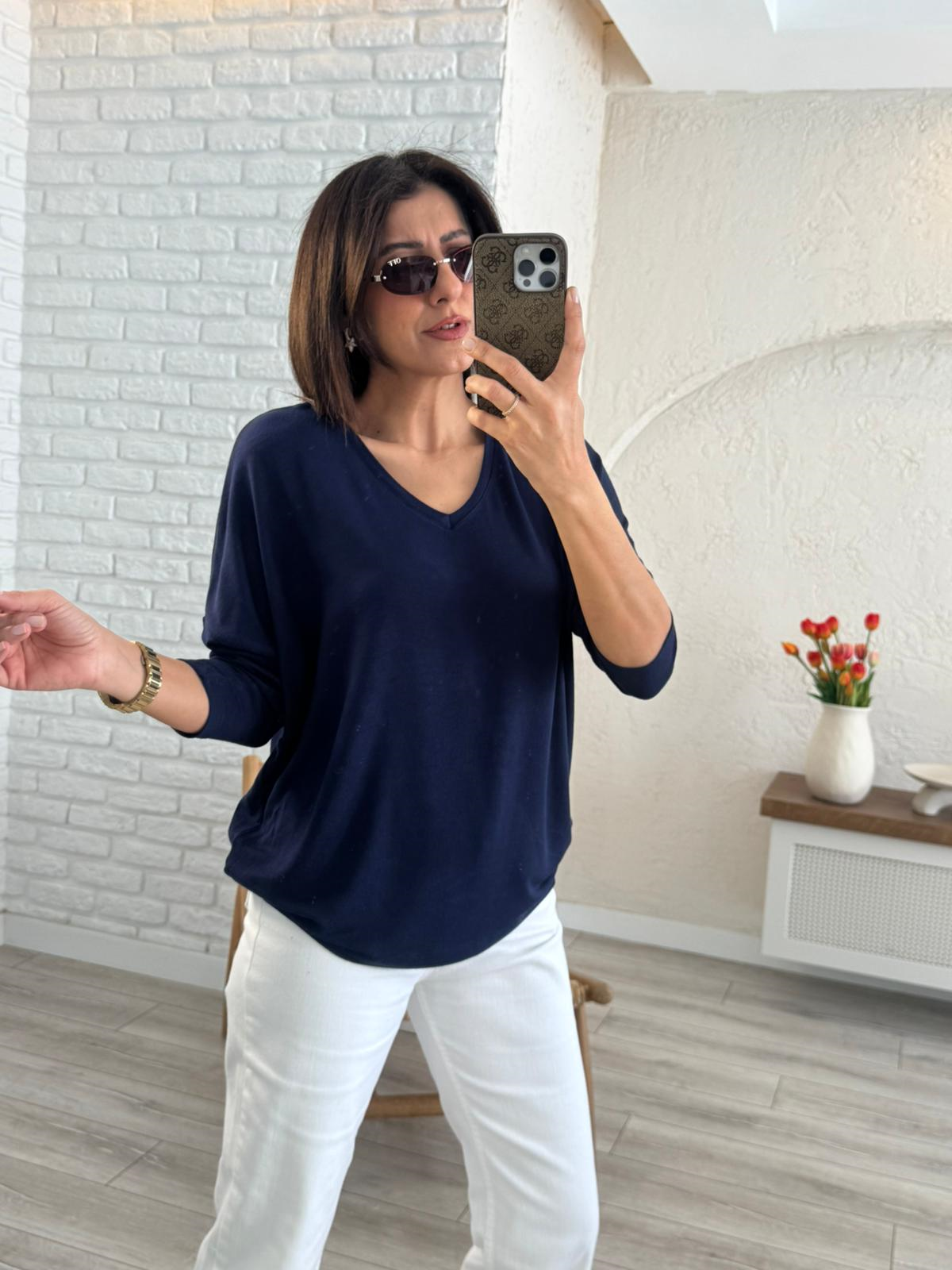 V Yaka Yumuşak Doku İnce Triko Lacivert