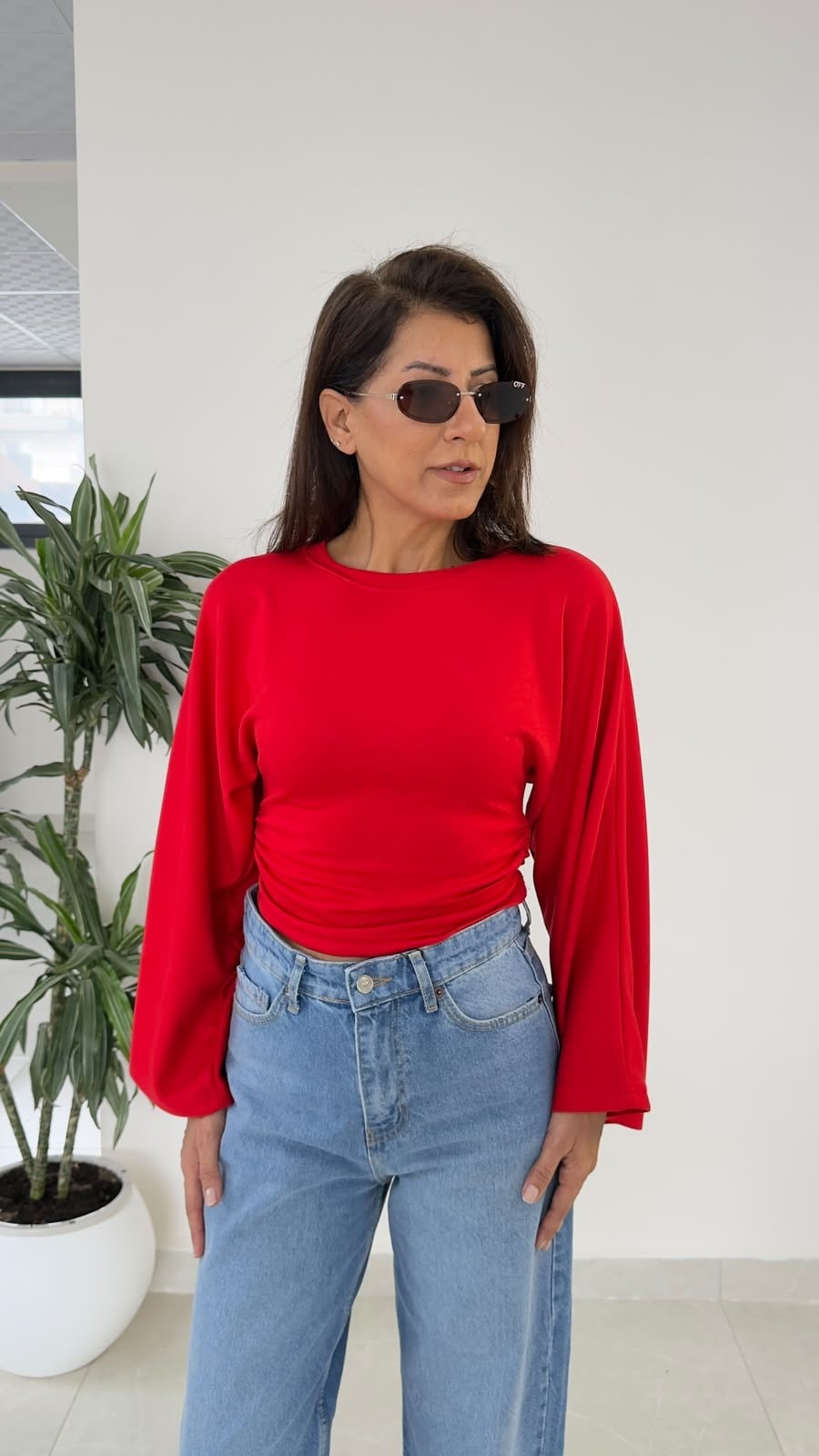 Yanı Büzgülü Geniş Kol Bluz Kırmızı