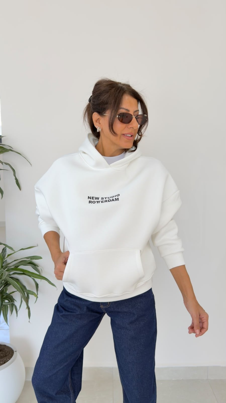 Yazı Baskılı Kapşonlu Üç İplik Şardonlu Sweat Ekru