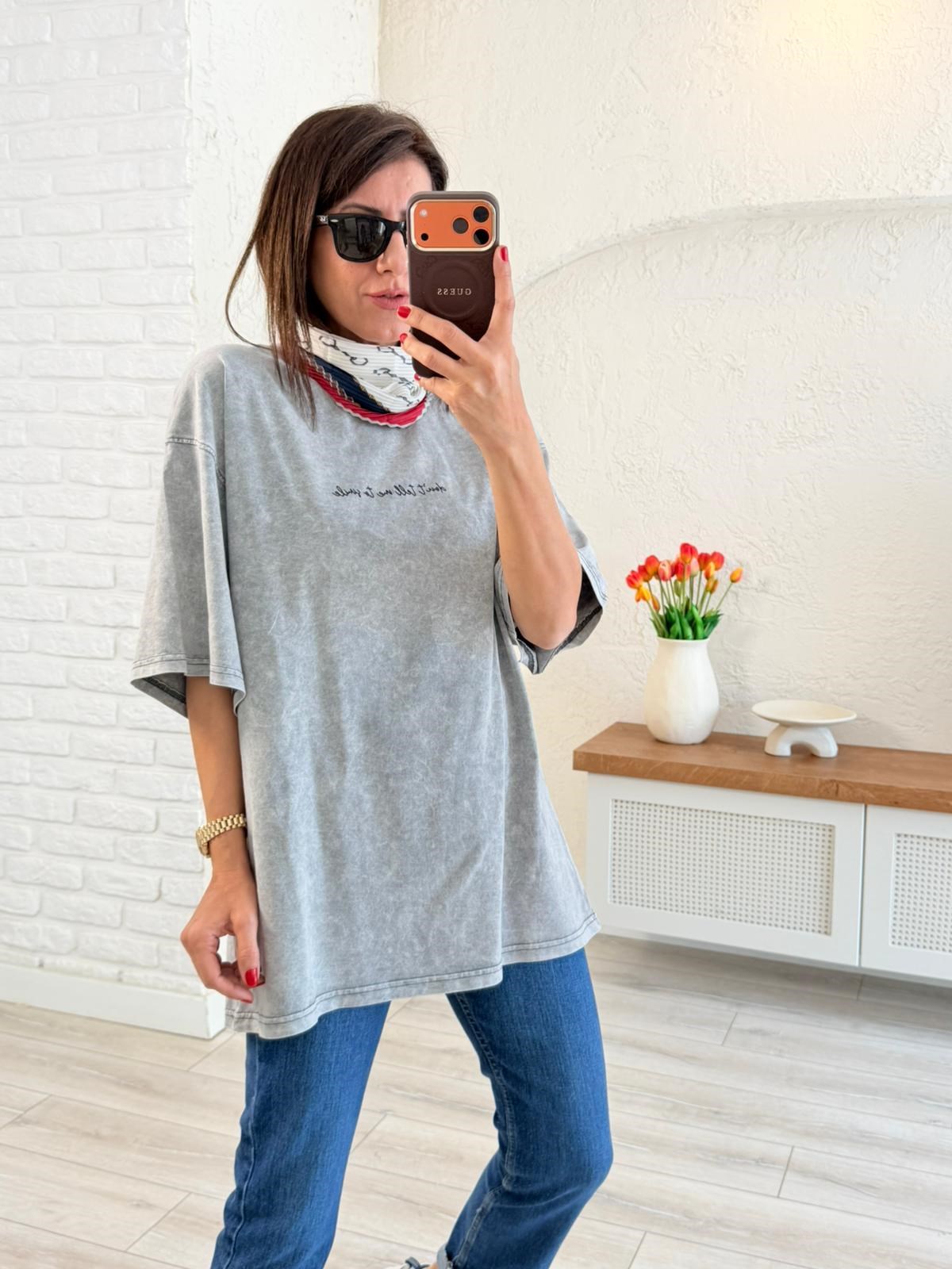 Yazı Baskılı Oversıze Tişört Eskitme Gri